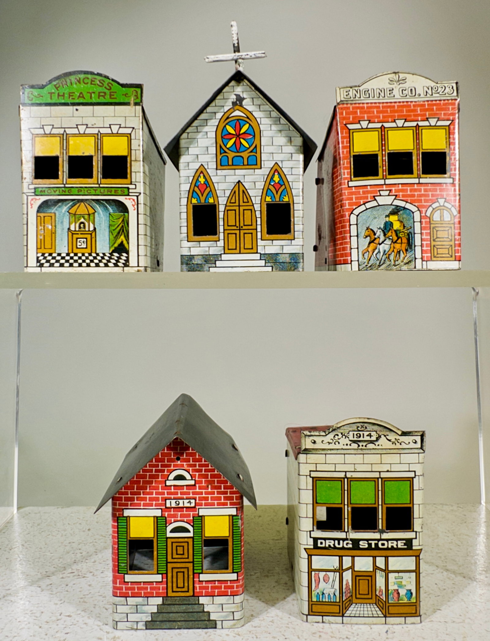 Fire Tin Houses / Buildings for Glass Candy Containers (1 of 2)