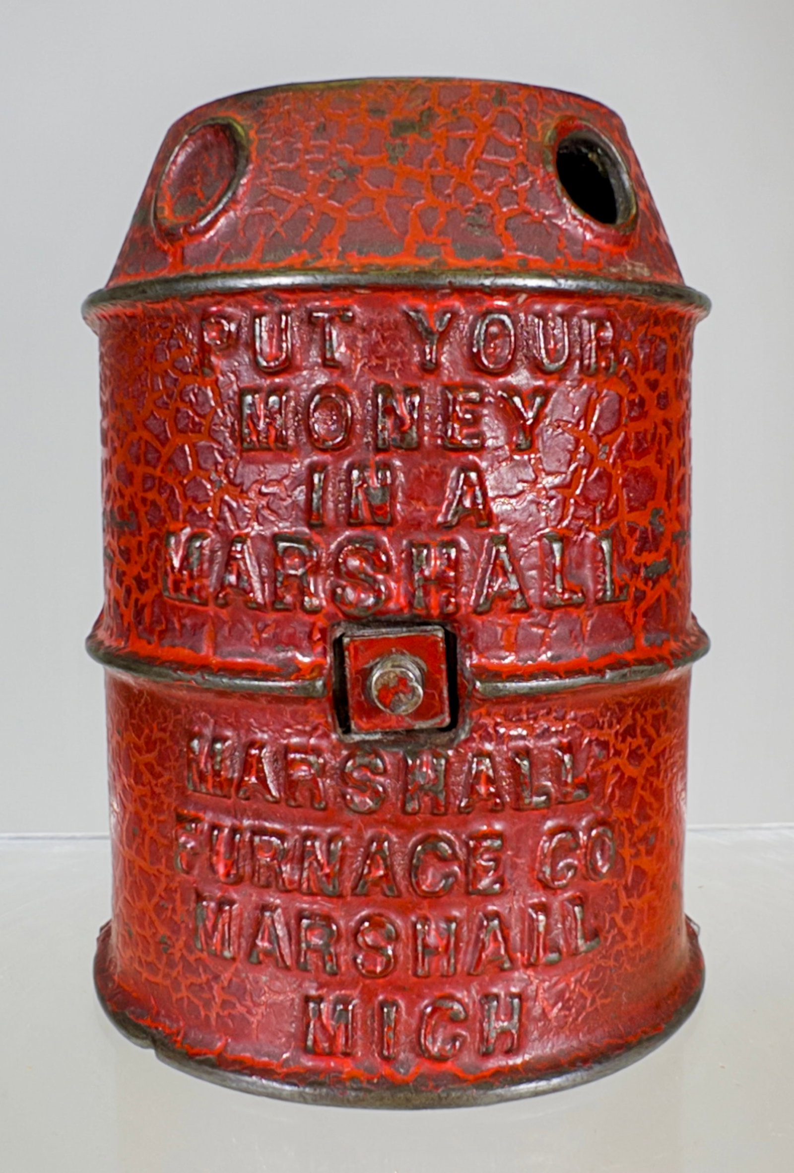 Cast Iron Furnace Bank with Advertising: Marshall Furnace Co. - Marshal, MI. 1920 - 3 3/4"T