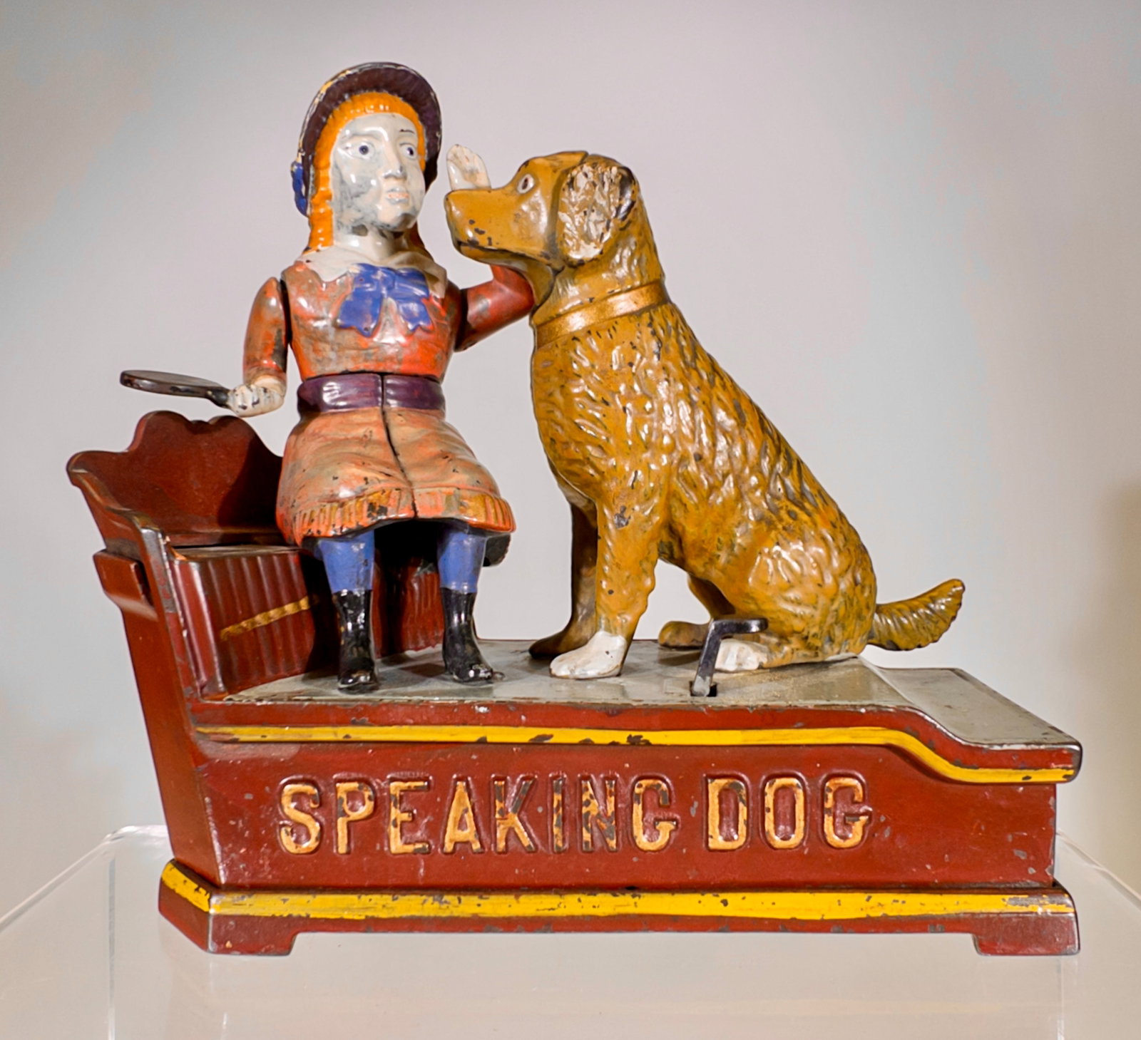 Speaking Dog Mechanical Bank - Round Coin Trap: J & E Stevens Co. - Cromwell, CT. 1895 - 8"W
