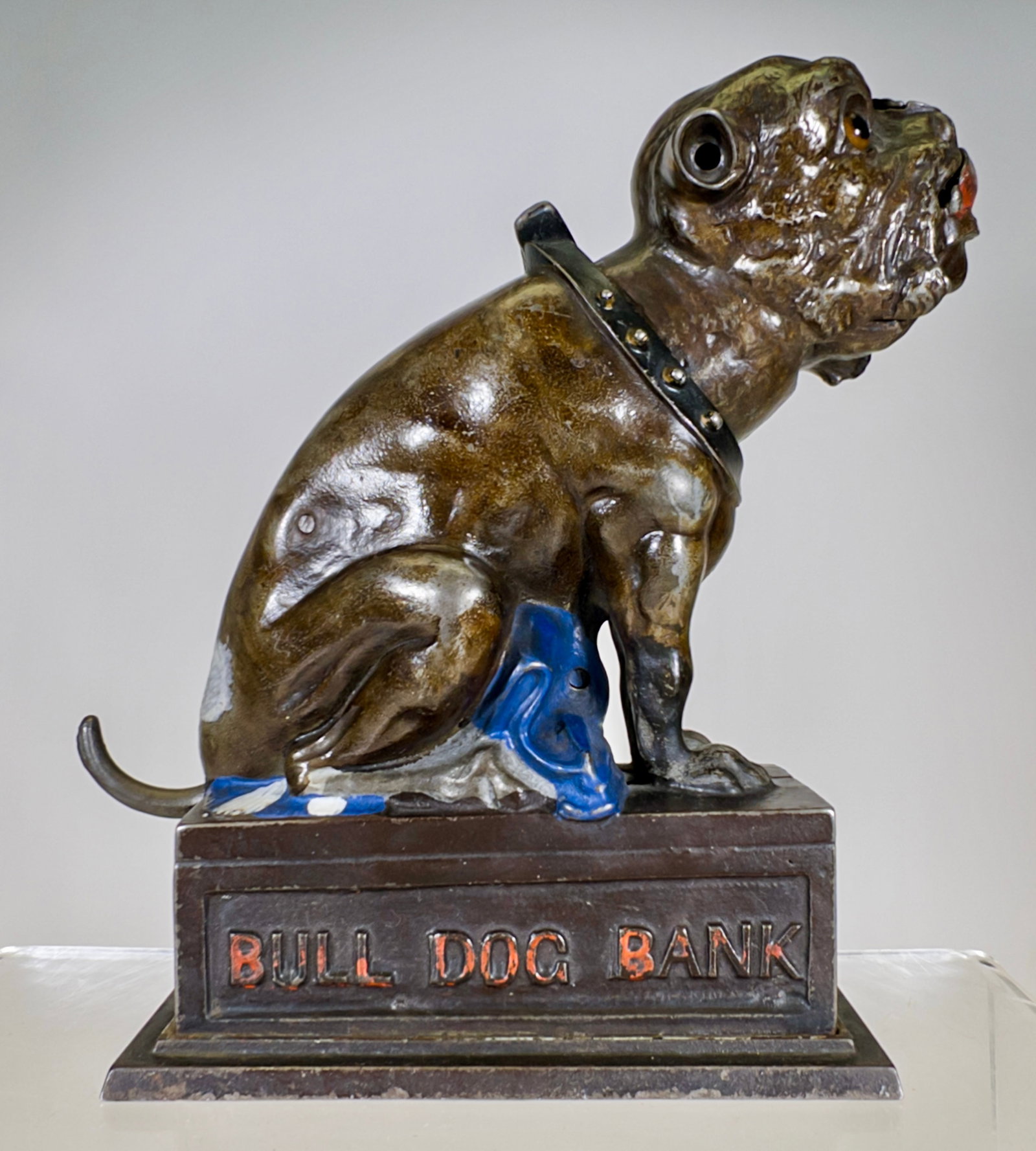 Bulldog Bank with Blue Blanket: J & E Stevens Co. - Cromwell, CT. 1880 - 7 1/2"T