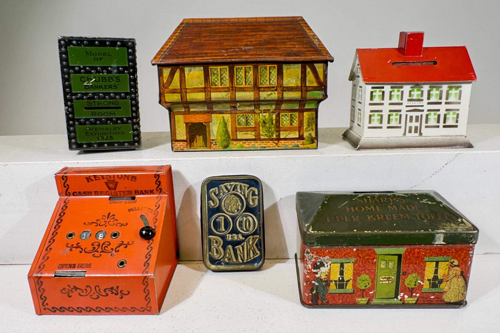 Six Assorted Tin Still Banks: American / European - 1910 to 1940 - Largest is 5"T x 6 1/4"W
