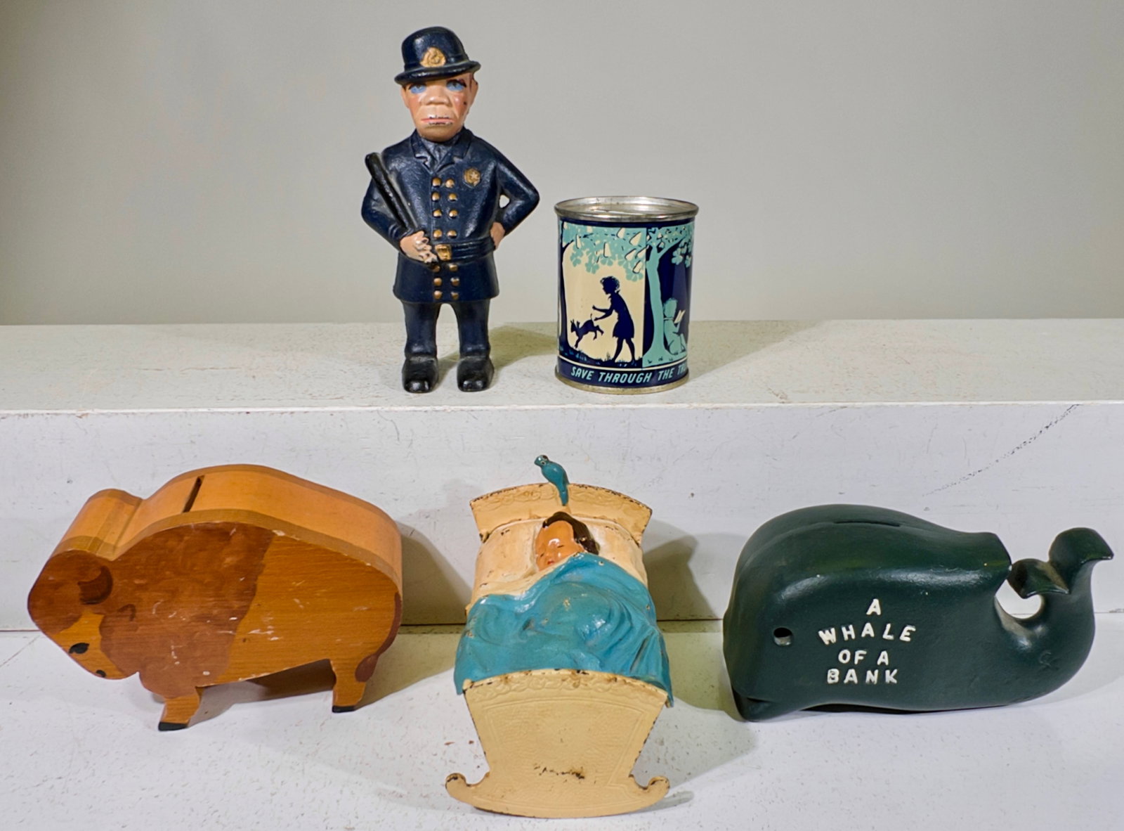 Five Assorted Modern Still Banks - 3 Cast Iron / 1 Tin / 1 Wood: American 1940 to 1980 - Largest is 3"T x 5 3/4"L