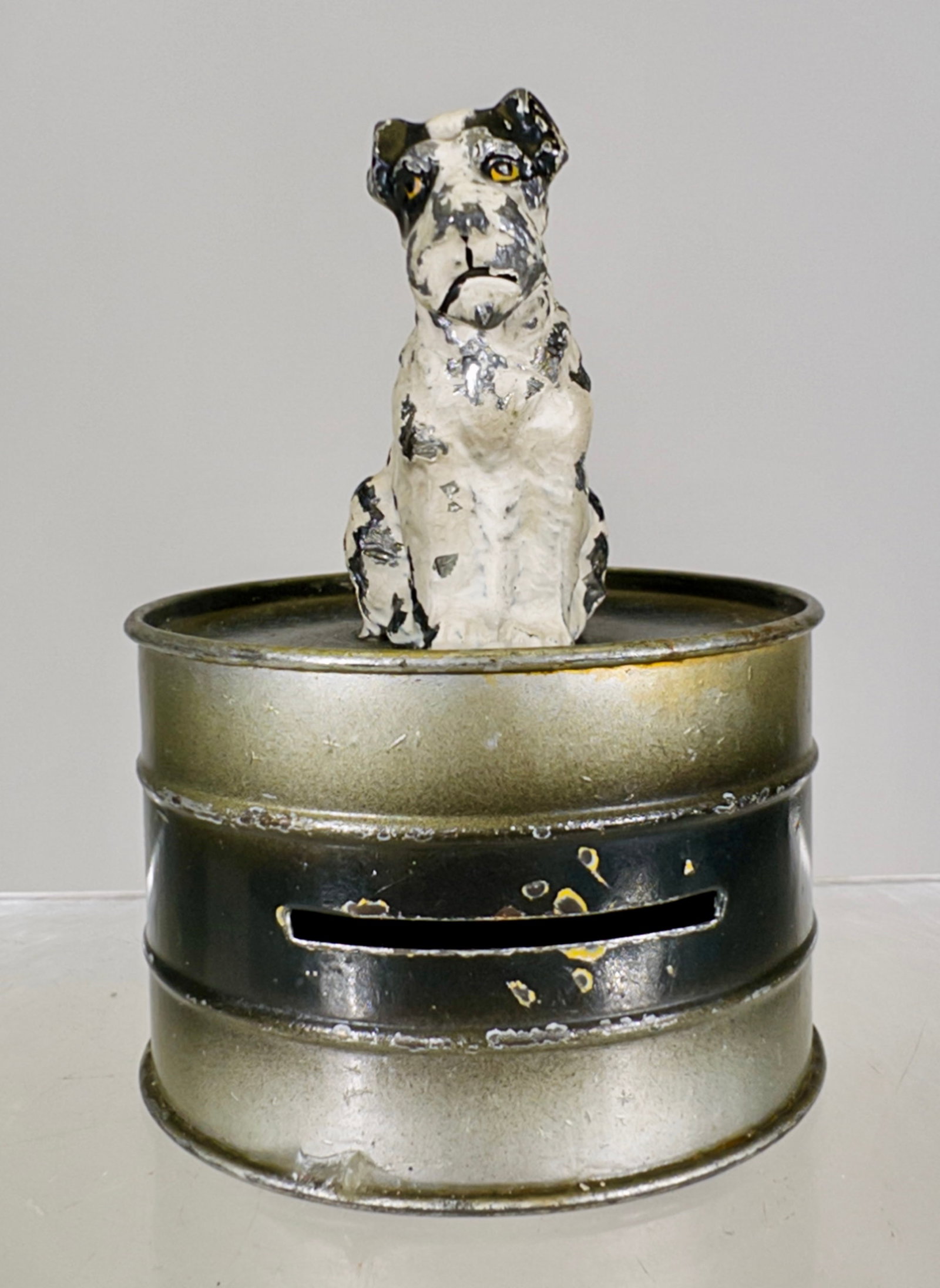 Jack Russell Dog on Tin Barrel - Tin and Spelter: German 1930 - 3 3/8"T