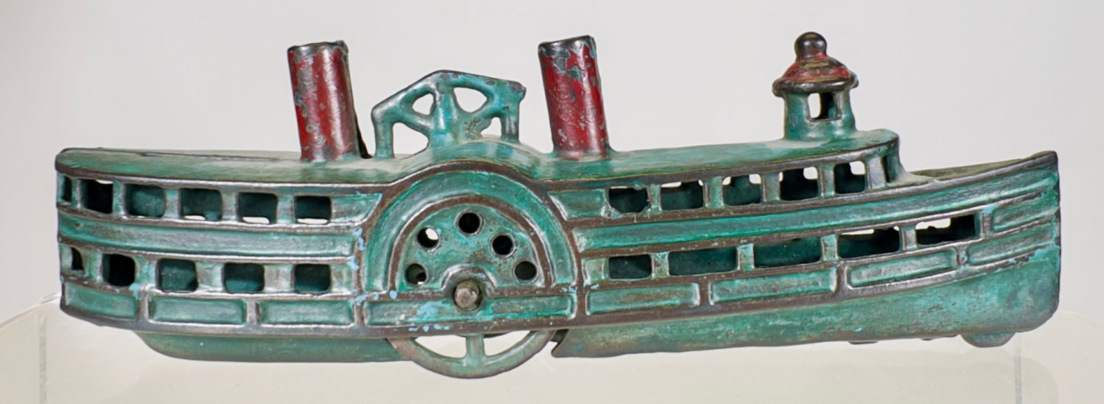 Cast Iron Paddlewheel Boat Bank - Scarce Blue Version: A.C. Williams Co. - Ravenna, OH. 1915 - 7 1/2"L