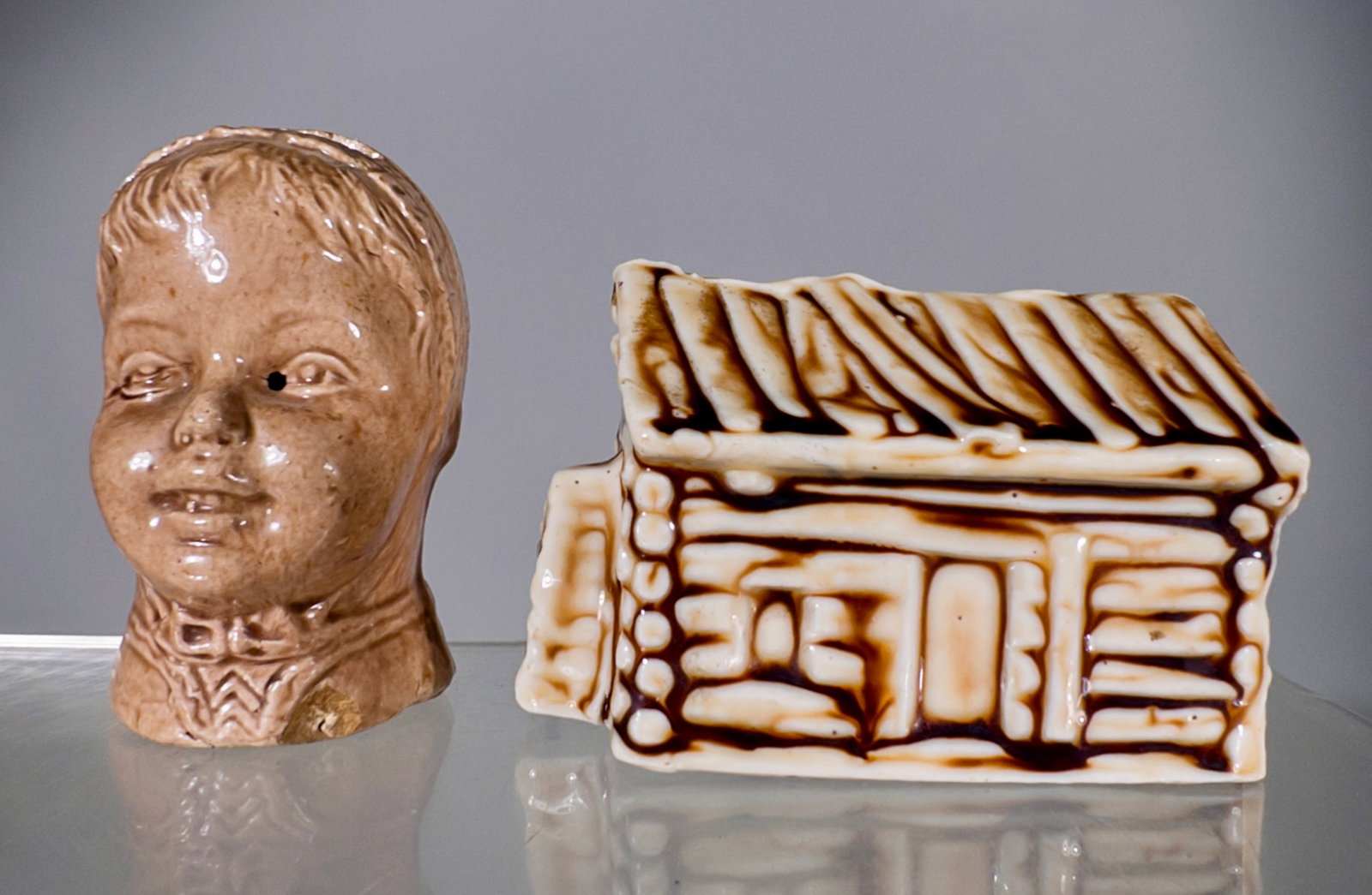 Ceramic Lincoln Log Cabin / Young Boy Banks - Lincoln Cabin Advertises Van Dyck Teas (1 of 2)