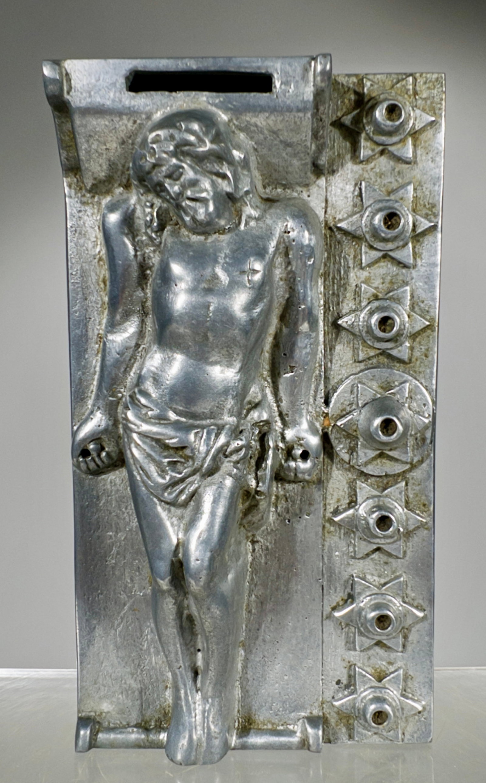 Biblical Image Alms Box/Menorah Bank - Jesus Laying Recumbent - Made of Aluminum Very Rare (1 of 2)
