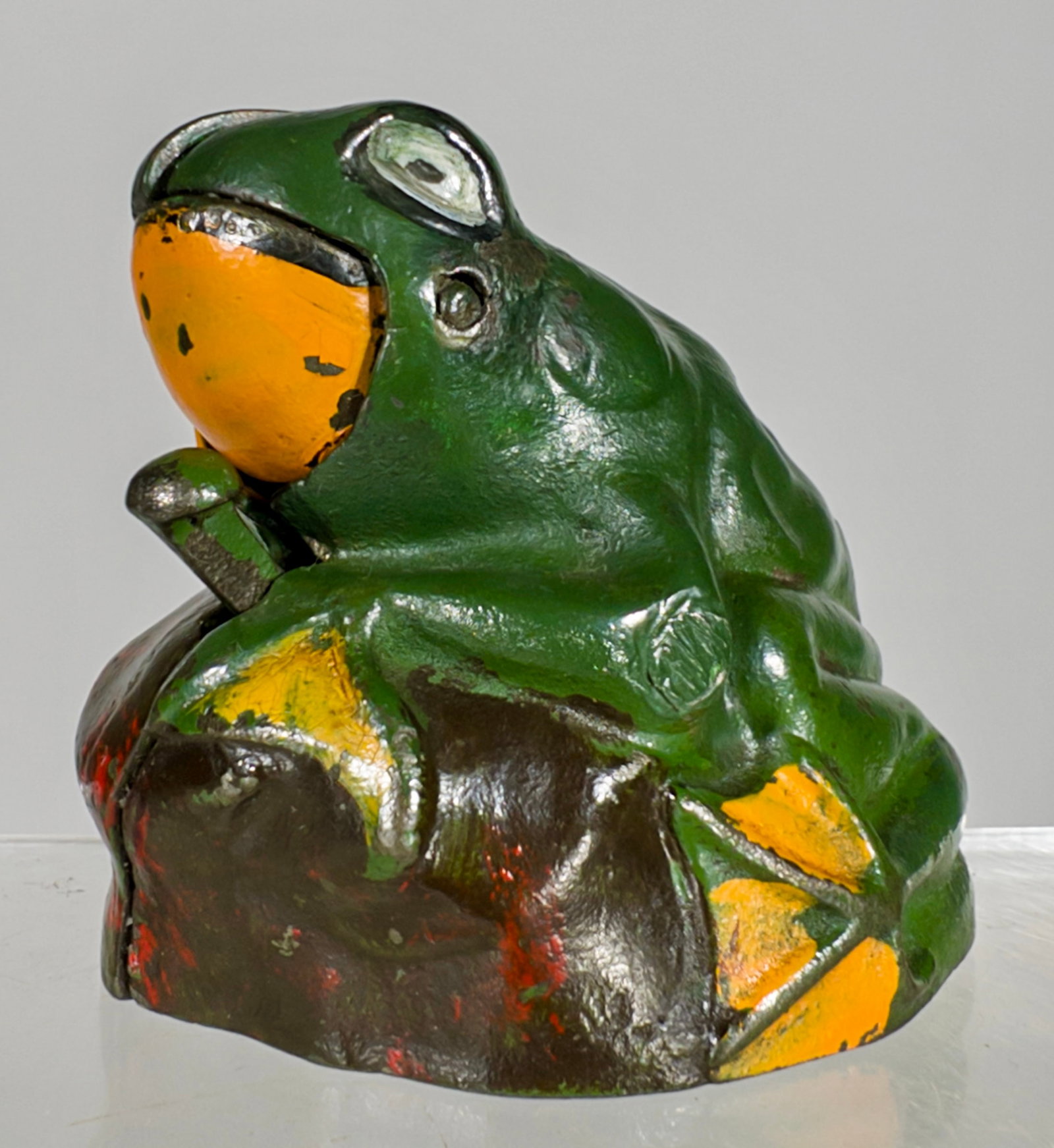 Frog on Rock Cast Iron Mechanical Bank: Kilgore Mfg. Co. - Westerville, OH. 1925 - 2 3/4"T