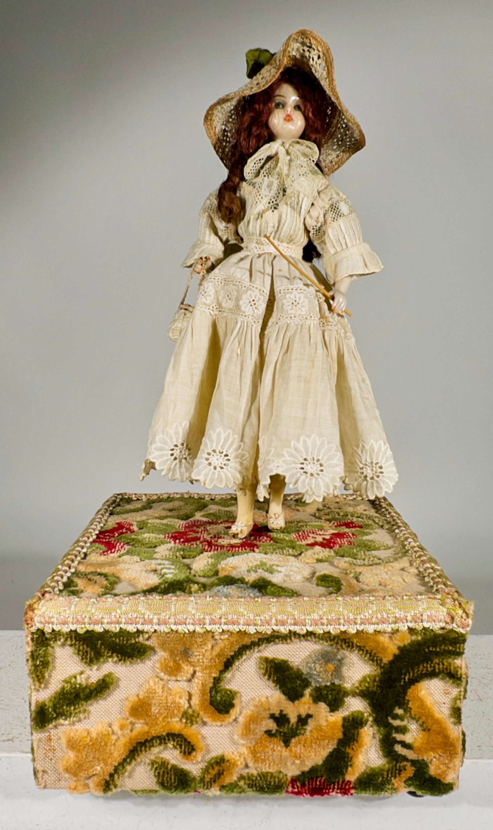 Girl with Pocketbook and Walking Stick Automata - Composition / Fabric / Wood: European 1910 - 7 3/4"W x 15"T