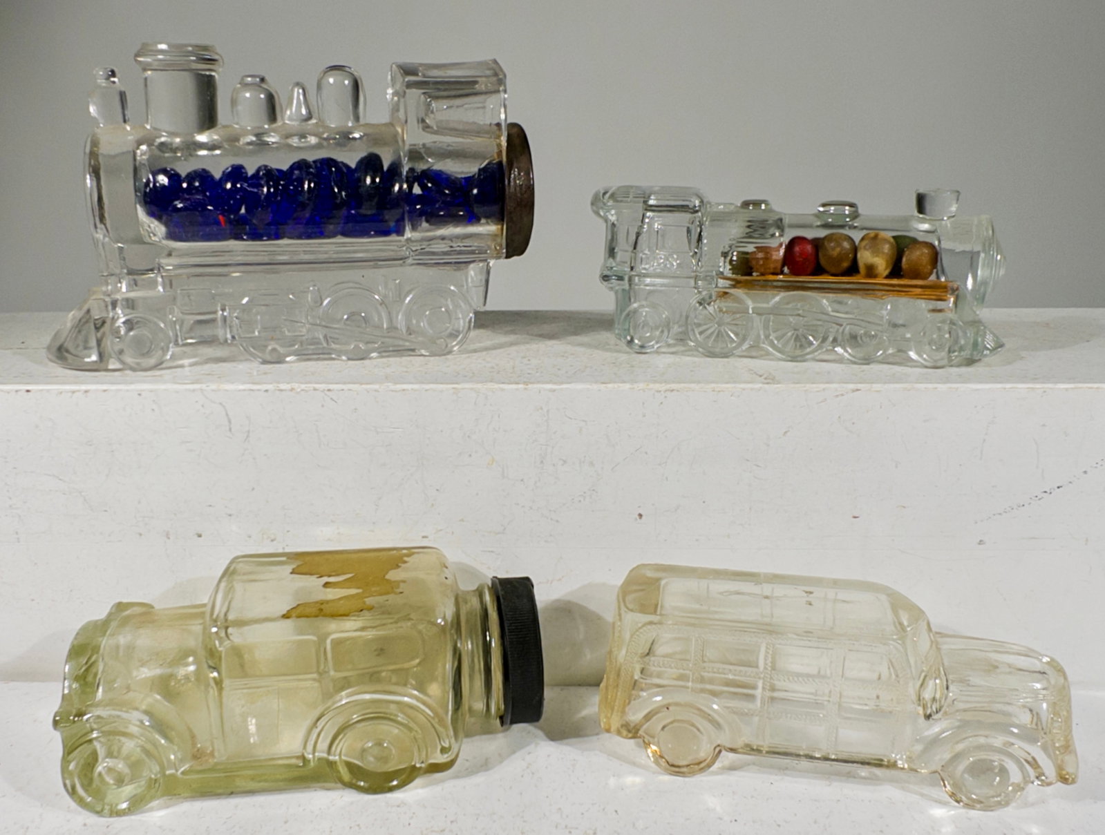 Two Auto / Two Train Engine - Glass Candy Containers - 2