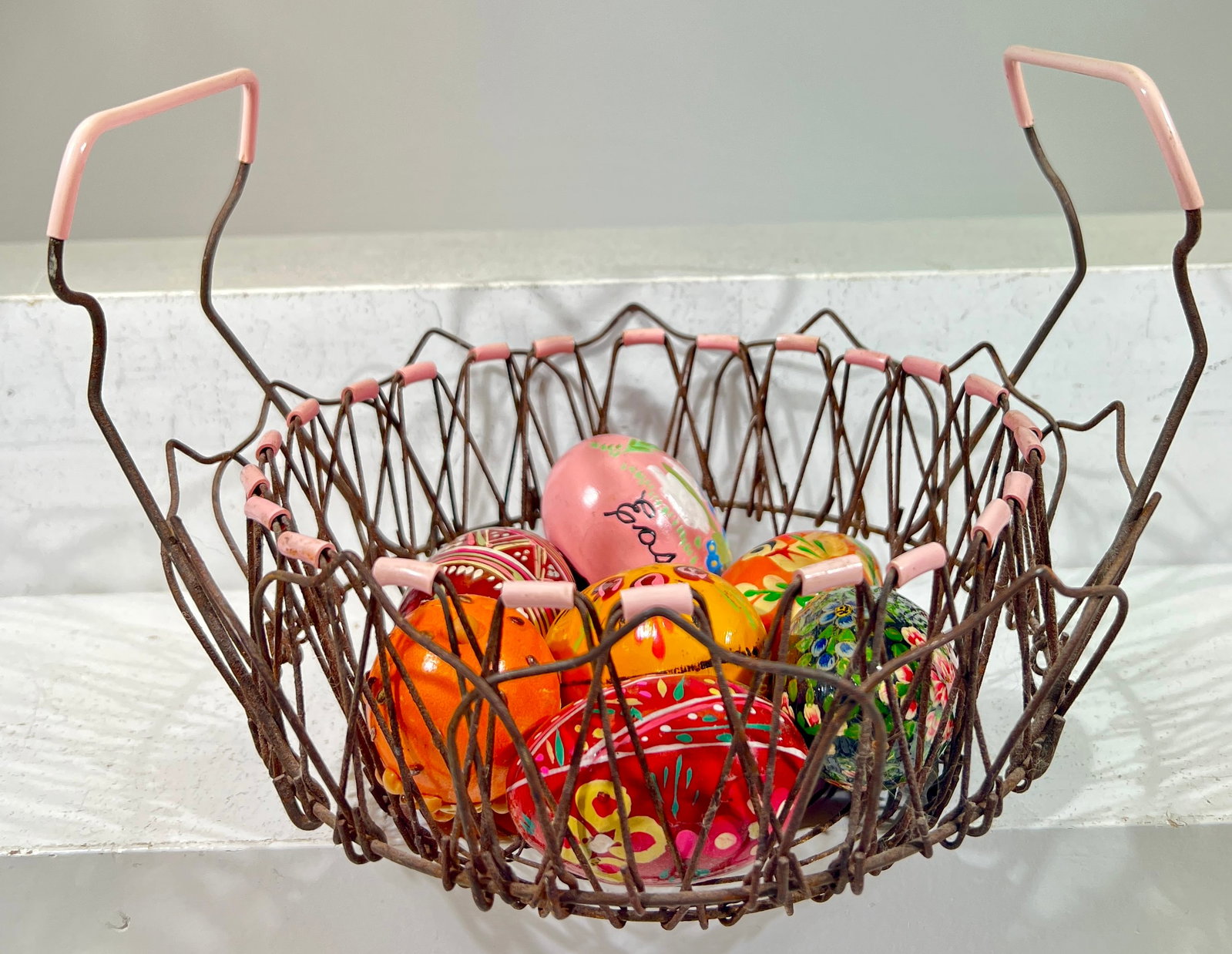 Seven Assorted Easter Eggs in a Wire Basket - Ceramic/Wood/etc. (1 of 3)