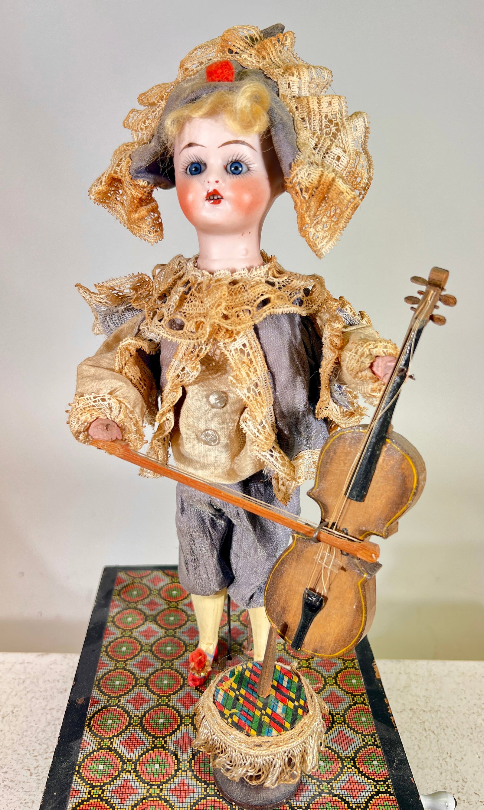Manneville French Musician Toy: European - Circa 1890 - 15"T x 7 1/4"D x 6 3/4"W