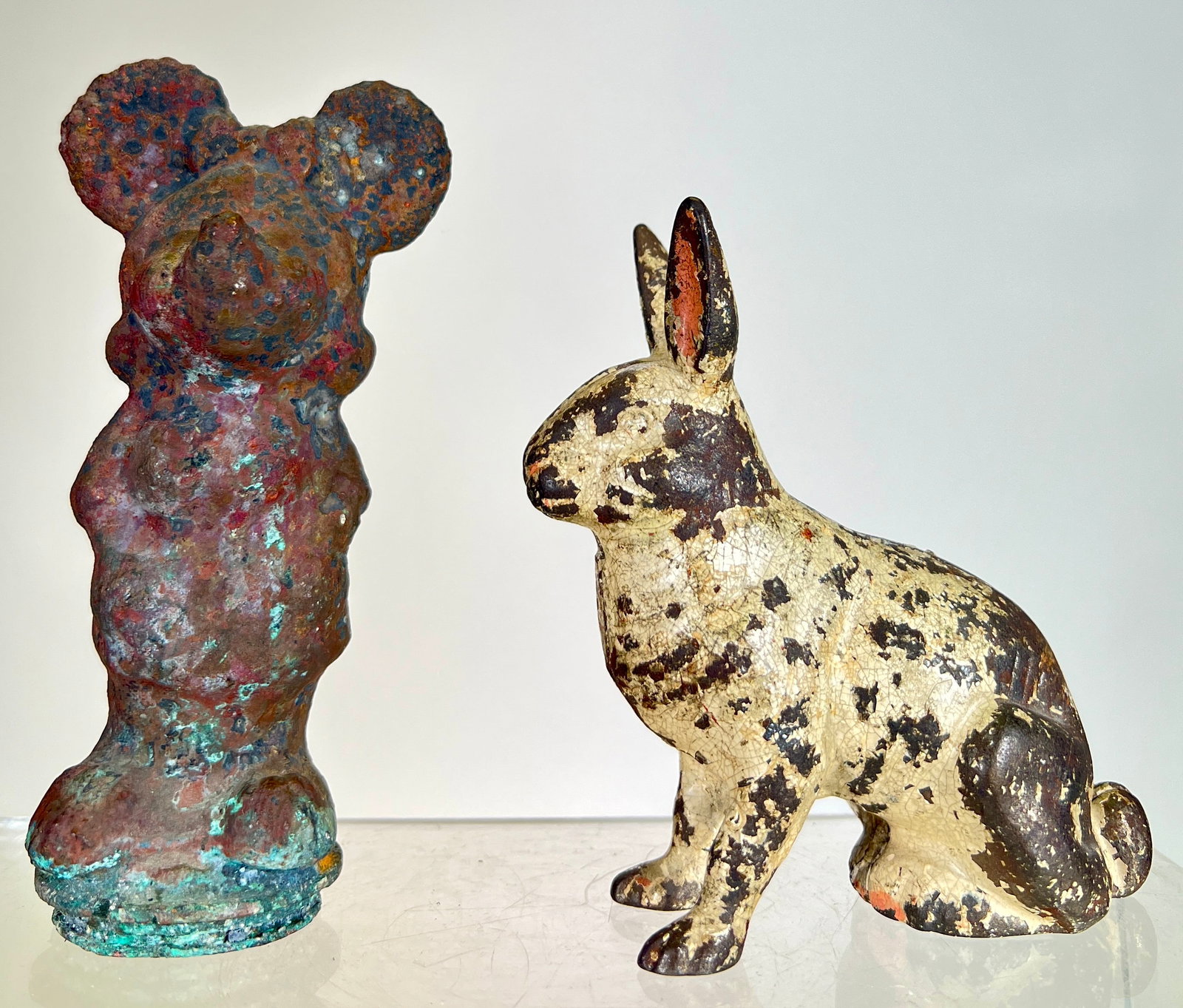 Brass Mickey Mouse / Cast Iron Rabbit Bank: American 1920/30's - Rabbit is 5"T