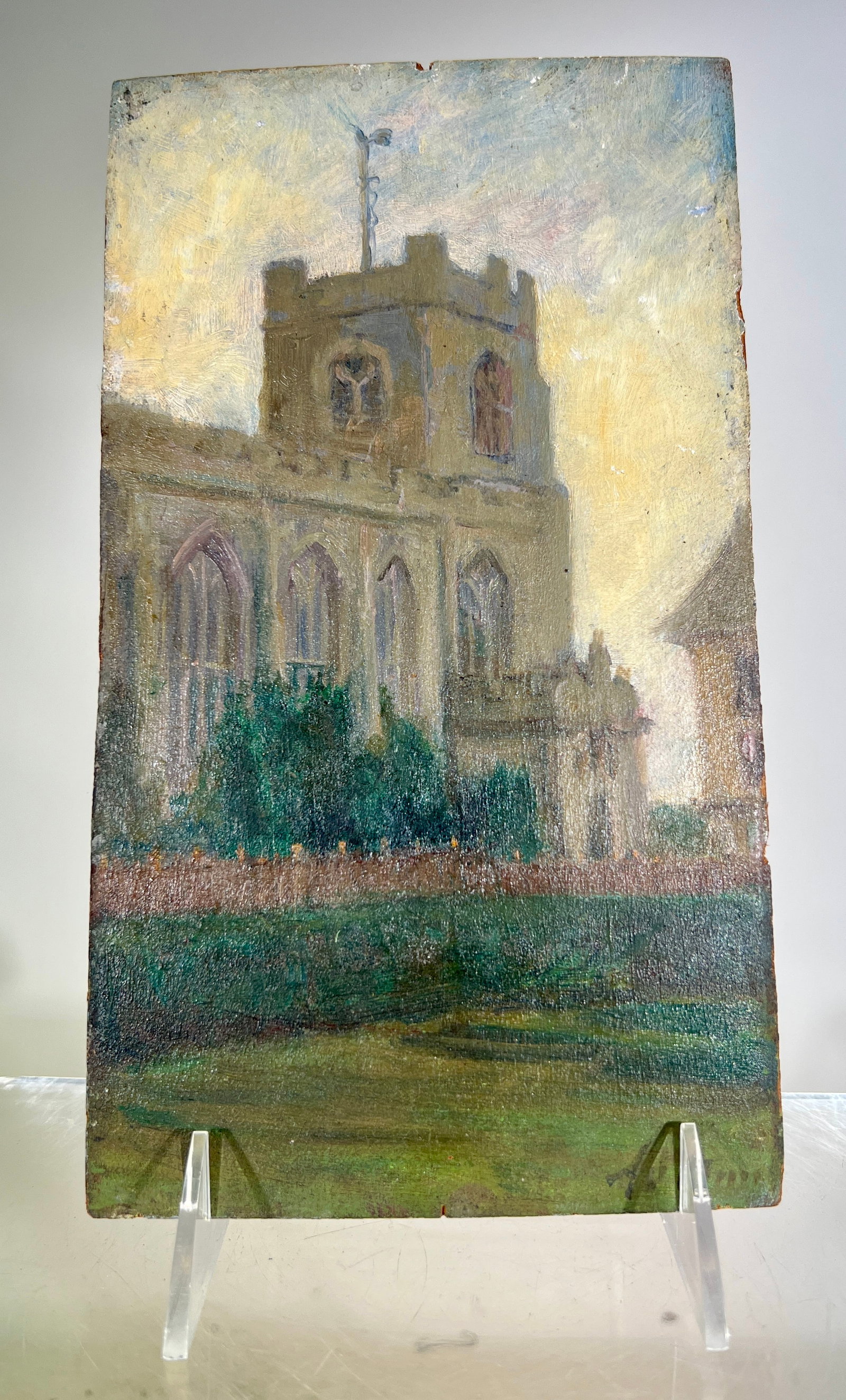 Church Painting on Panel: English 1910 - 9 1/2"T x 5 1/2"W
