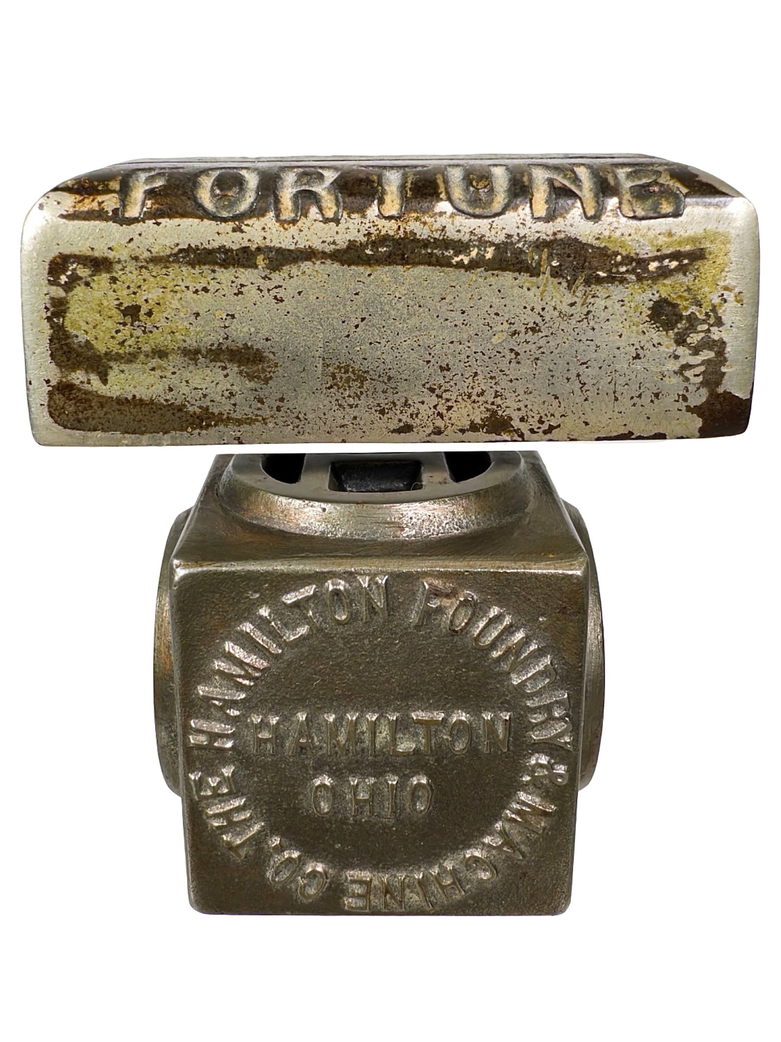 Two Cast Iron Advertising Paperweights: Fortune Card Holder / Hamilton Foundry, Ohio. American - Circa 1920/30's. 1 1/2" Cube. The Peirce Collection.
