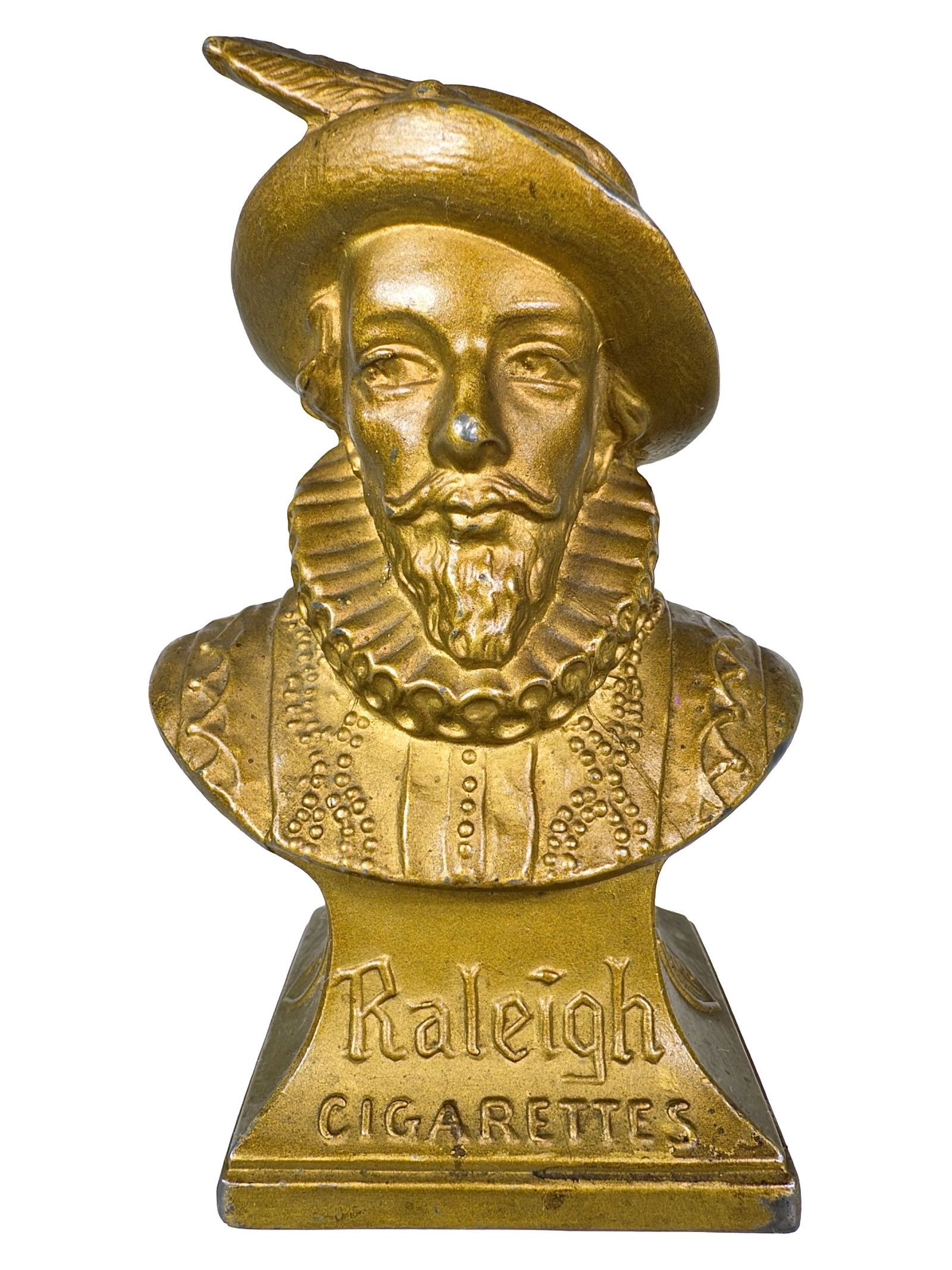 Raleigh Cigarettes Advertising Paperweight - Lead: American - Circa 1930's. 4 1/2" Tall x 2 3/4" Wide. The Peirce Collection.