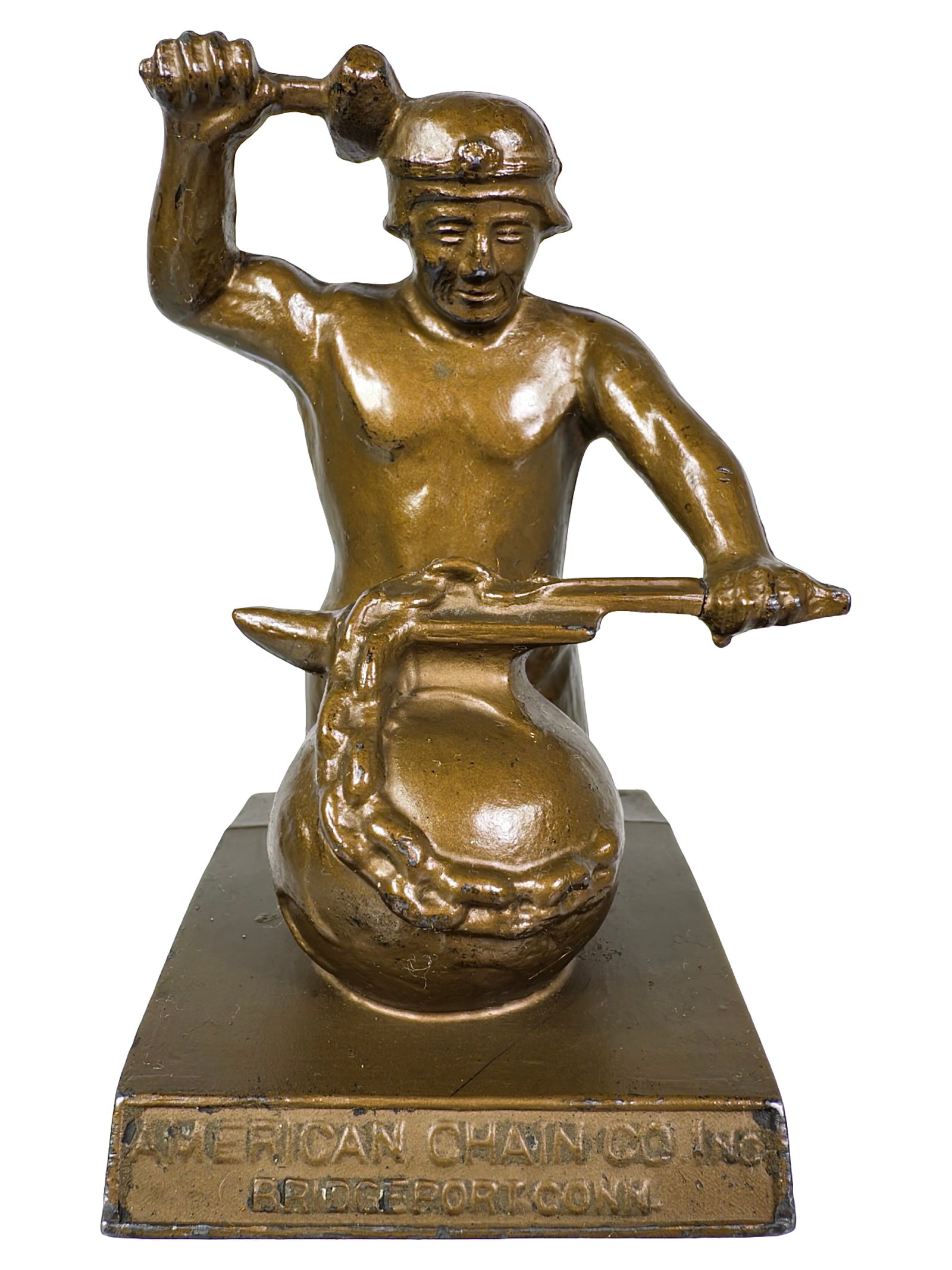American Chain Co. Inc. Advertising Paperweight - Lead: Bridgeport, Ct. - Circa 1930's. 4 1/8" Tall x 2 1/2" Wide. The Peirce Collection.