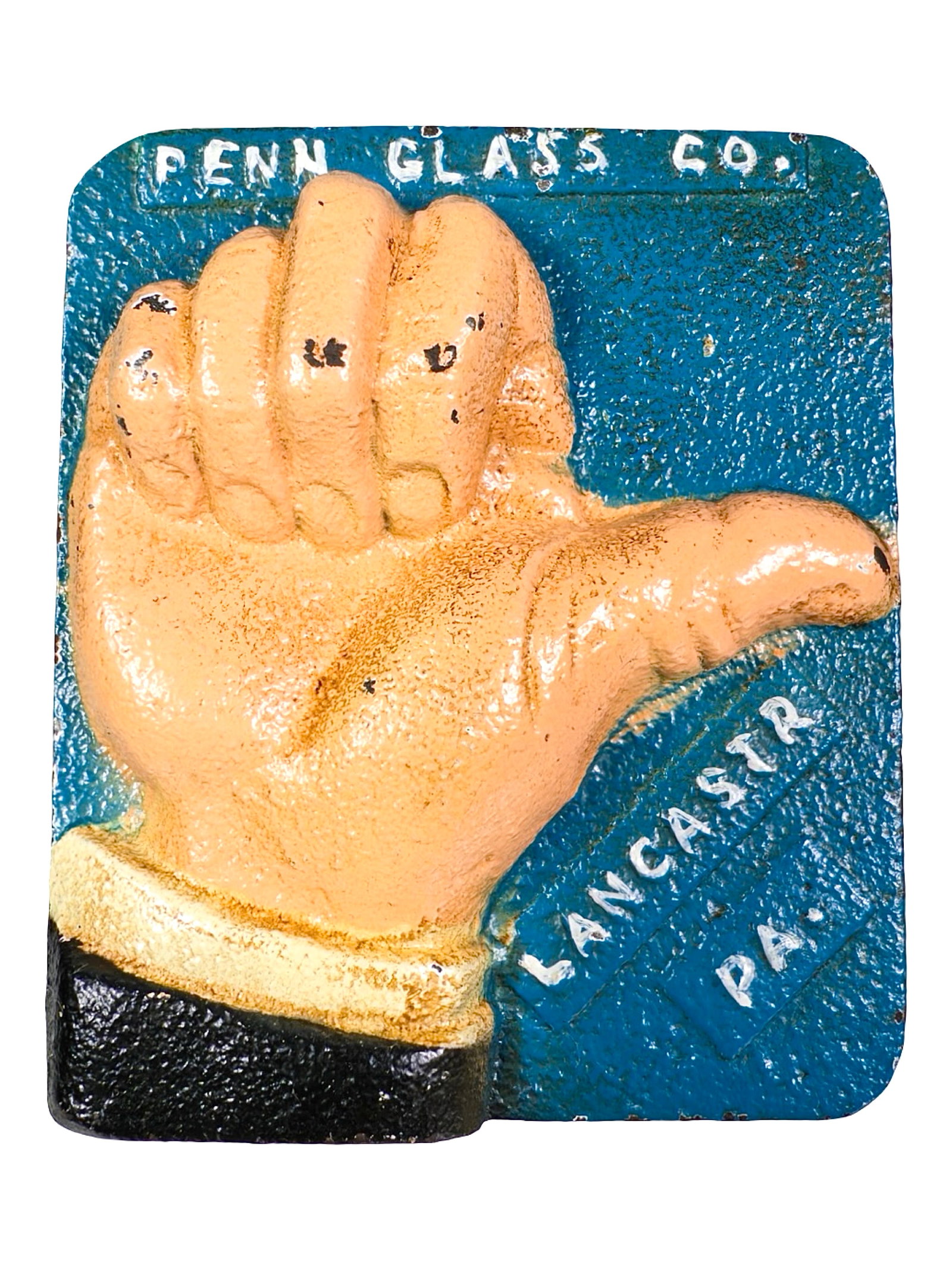Penn Glass Co. Advertising Paperweight - Cast Iron: Lancaster, Pa. - Circa 1940's. 2 1/2" Tall x 2 1/4" Wide. The Peirce Collection.