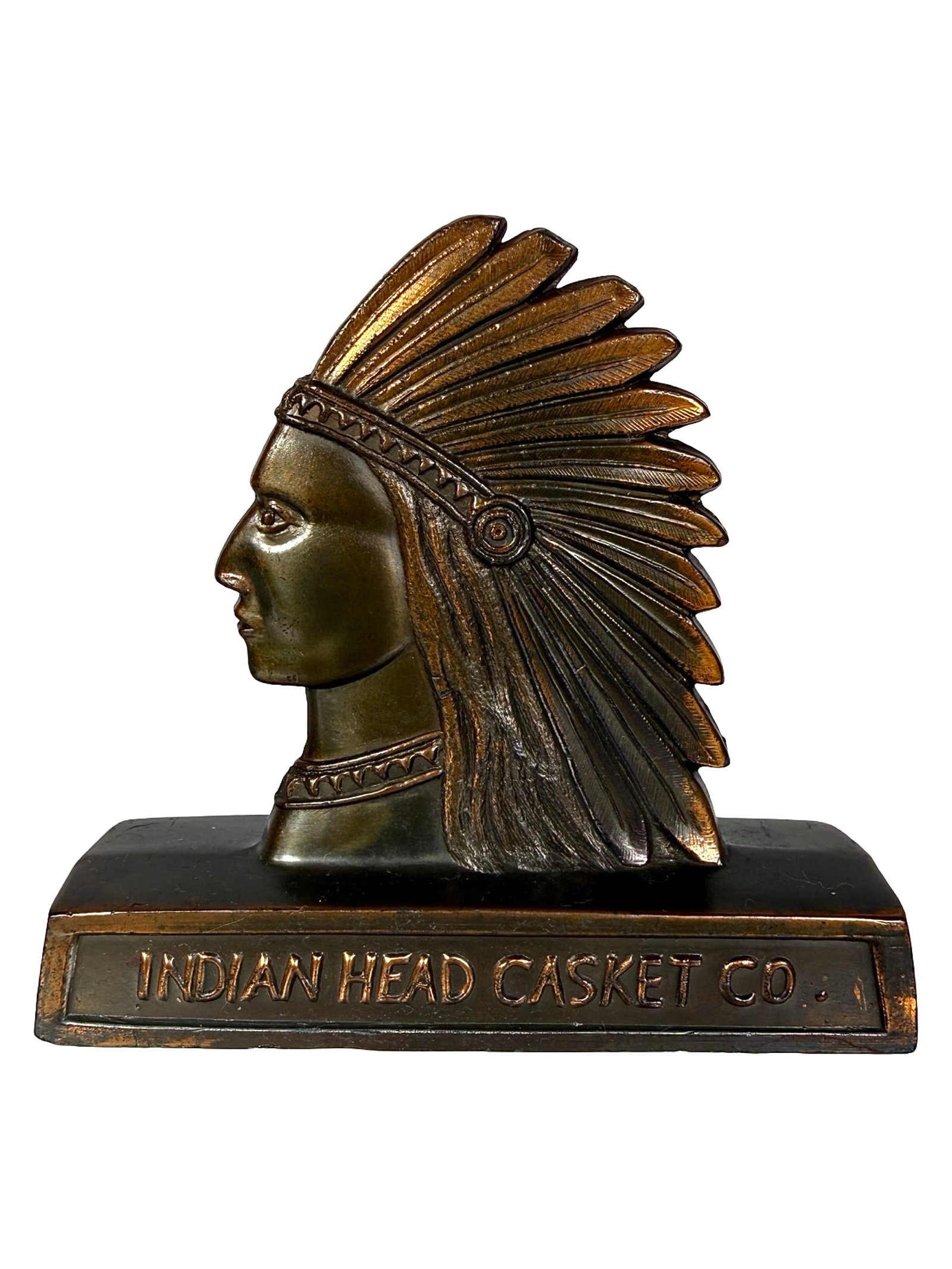 Indian Head Casket Co. Advertising Paperweight - Lead: Nashua, NH - Circa 1930's. 3 1/2" Tall x 4" Wide. The Peirce Collection.