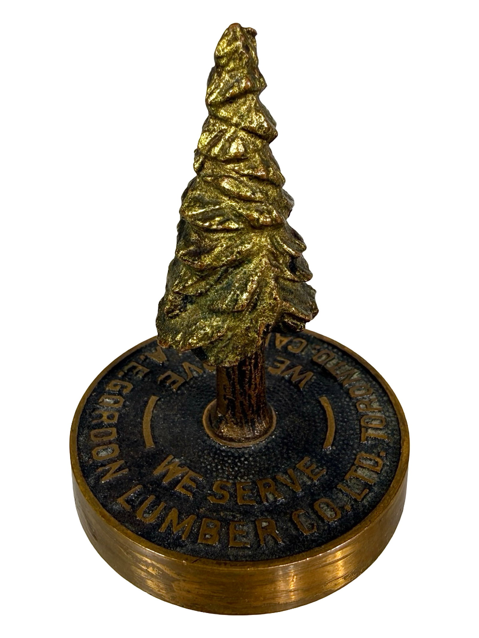 The A. E. Gordon Lumber Co. Ltd. Advertising Paperweight - Brass: Toronto, Canada - Circa 1930's. 2 1/2" Tall x 1 3/4" Circular. The Peirce Collection.