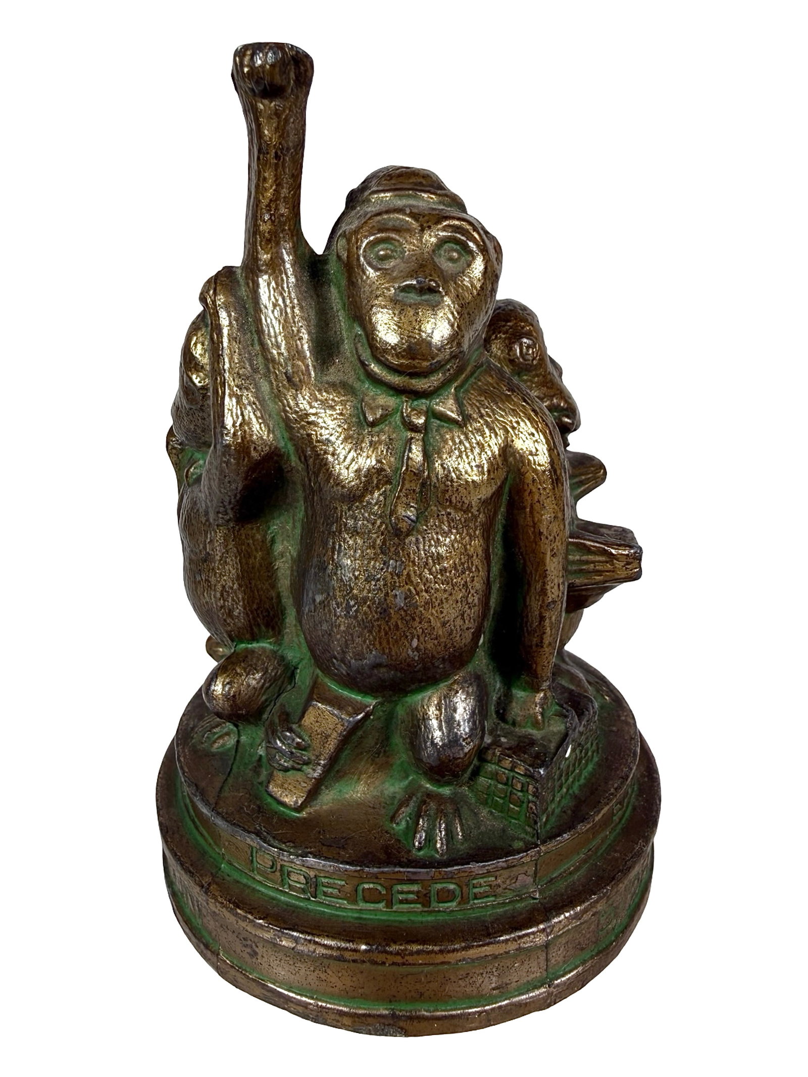 Jewel T - Three Monkey Motif Advertising Paperweight - Lead: American - 1939. 3 3/4" Tall x 2 1/2" Circular. The Peirce Collection.