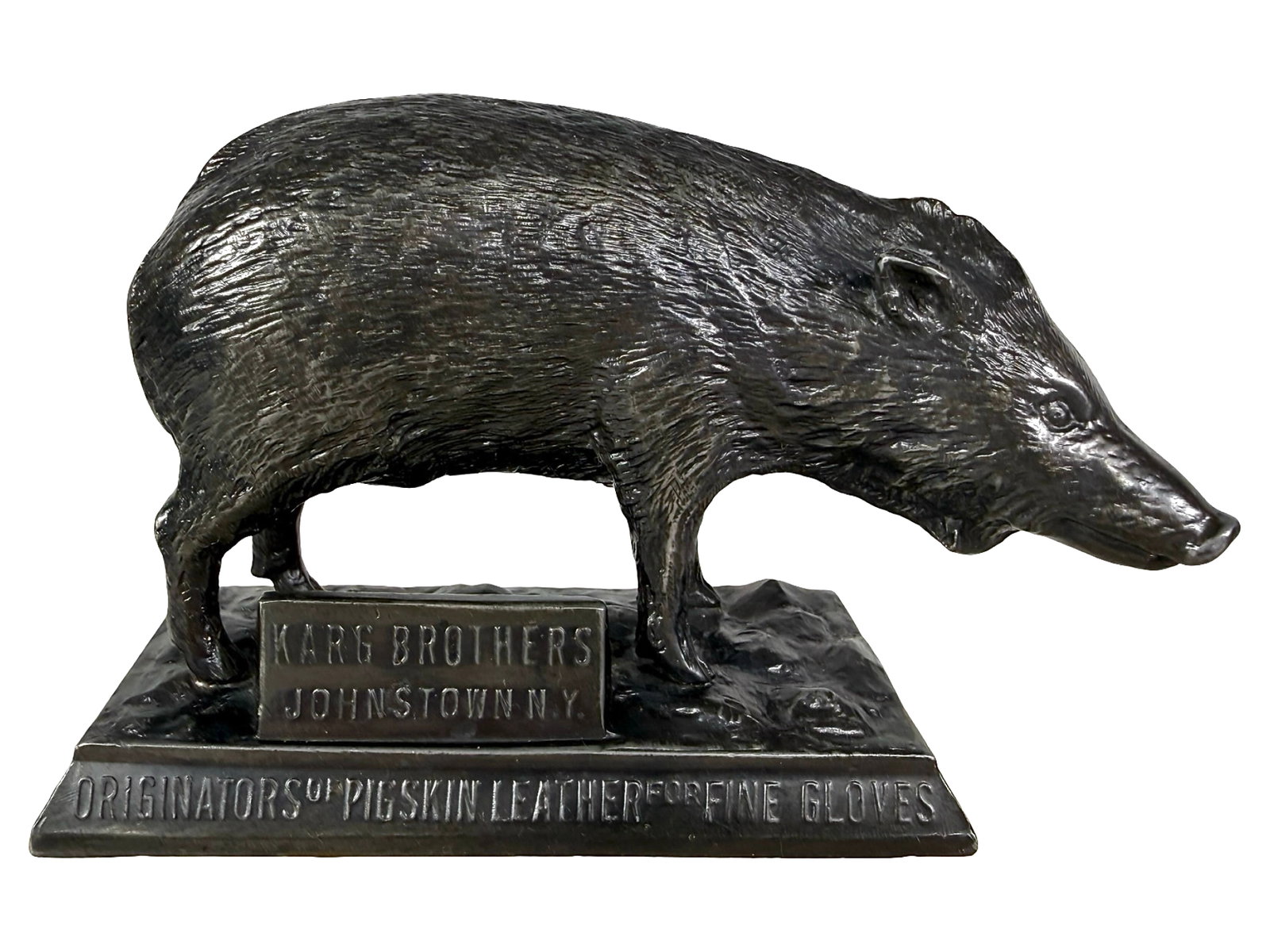 Karg Brothers Pigskin Advertising Paperweight - Lead: Johnstown - NY - Circa 1940's. 3 1/4" Tall x 5 1/2" Wide. The Peirce Collection.