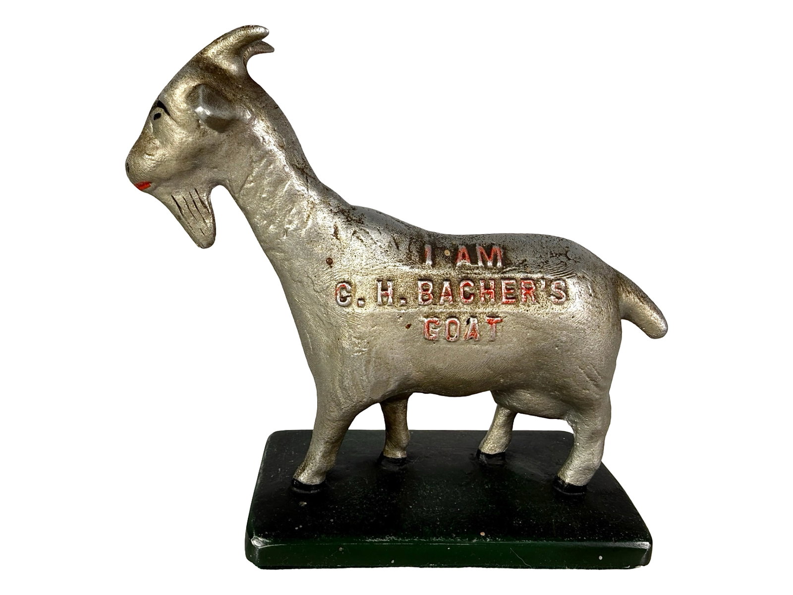 C. H. Bacher's Goat Advertising Paperweight - Aluminum: American - Circa 1930's. 5" Tall x 5 1/2" Wide. The Peirce Collection.