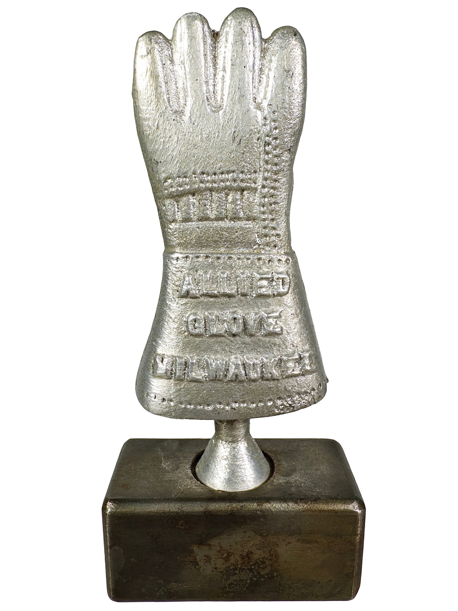 Allied Glove Co. - Chicago - Milwaukee Advertising Paperweight: Made of Aluminum with Cast Iron Base. American - Circa 1930's. 4 3/4" Tall x 2 1/8" Wide. The Peirce Collection.
