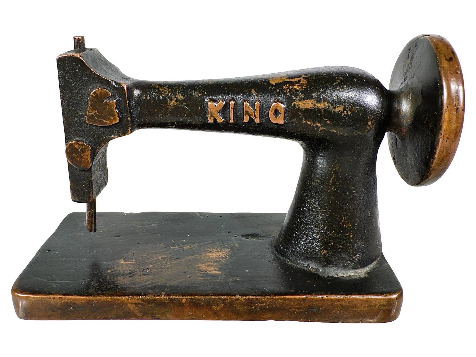 King Sewing Machines Advertising Paperweight - Cast Iron: American - Circa 1920's. 2 1/2" Tall x 4" Wide. The Peirce Collection.