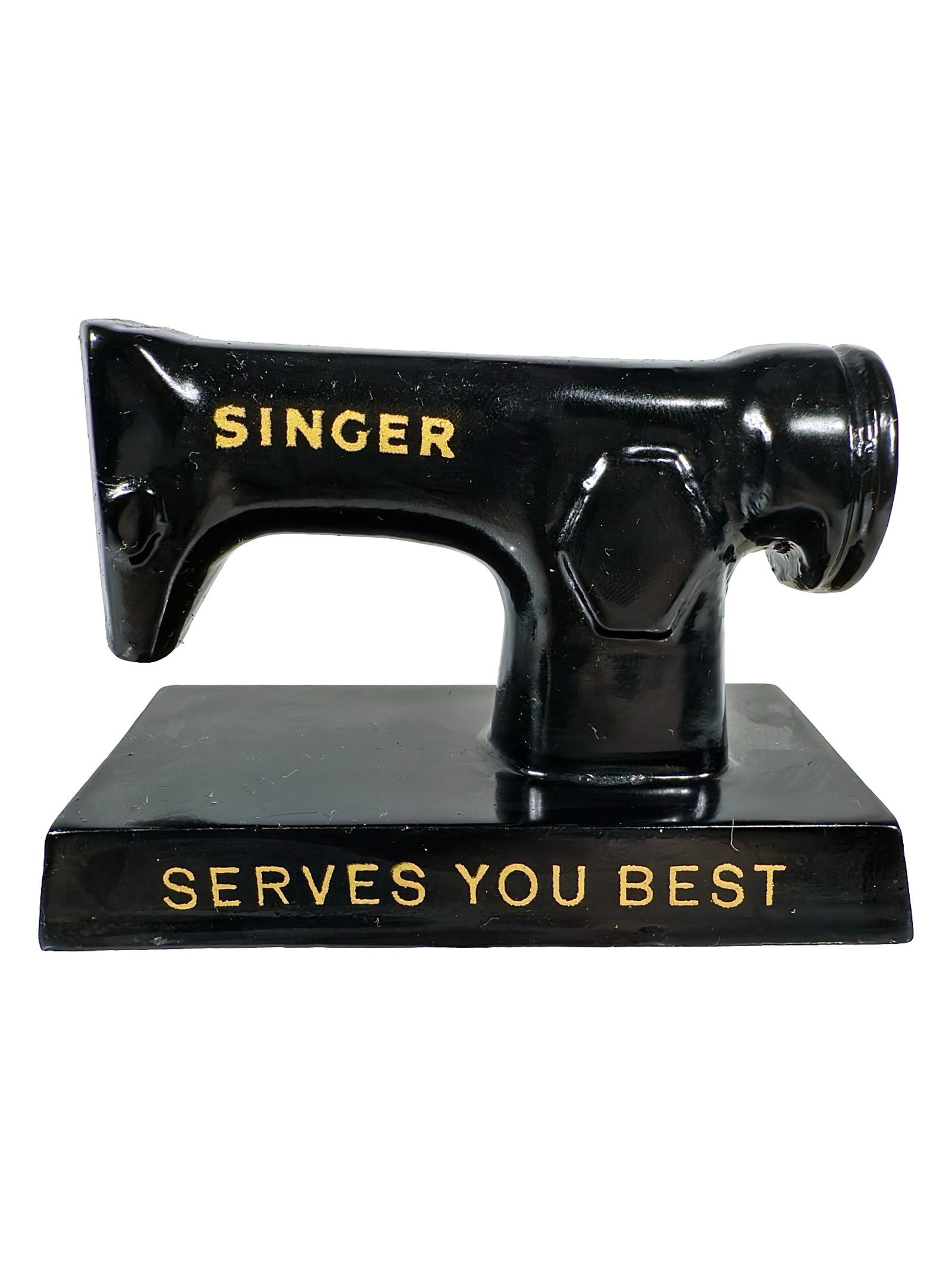 Singer Sewing Machine Advertising Paperweight - Cast Iron: American - Circa 1940/50's. 2 1/4" Tall x 4" Wide. The Peirce Collection.