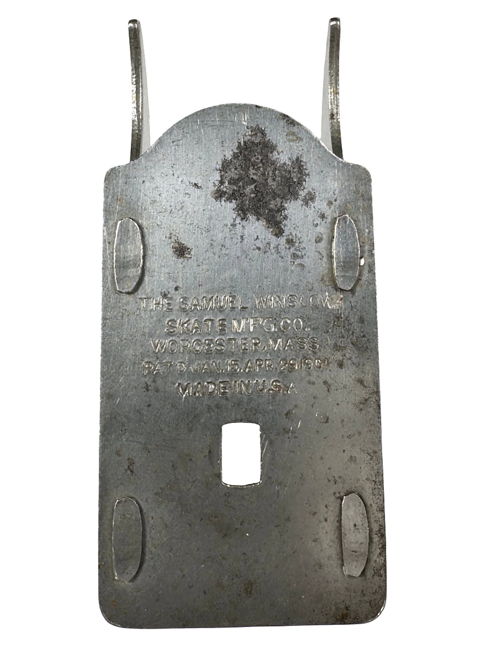 The Samuel Winslow Skate Mfg. Co. Advertising Paperweight - Sheet Steel: Worcester, Ma. - Dated 1901. 1" Tall x 4 1/8" Long. The Peirce Collection.