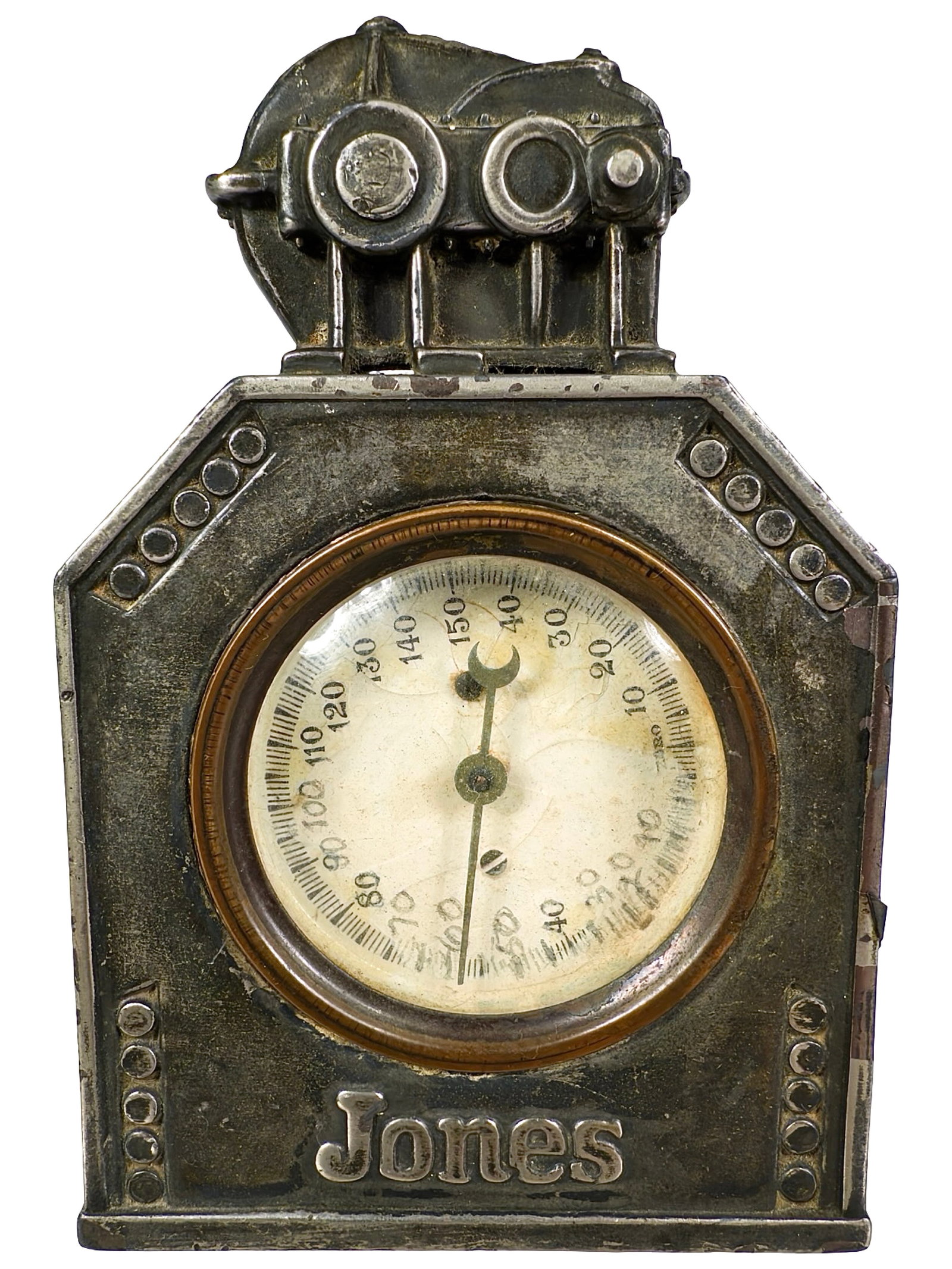 Jones Advertising Paperweight & Thermometer - Lead & Glass: American - Circa 1920's. 4 3/4" Tall x 3 1/8" Wide. The Peirce Collection.