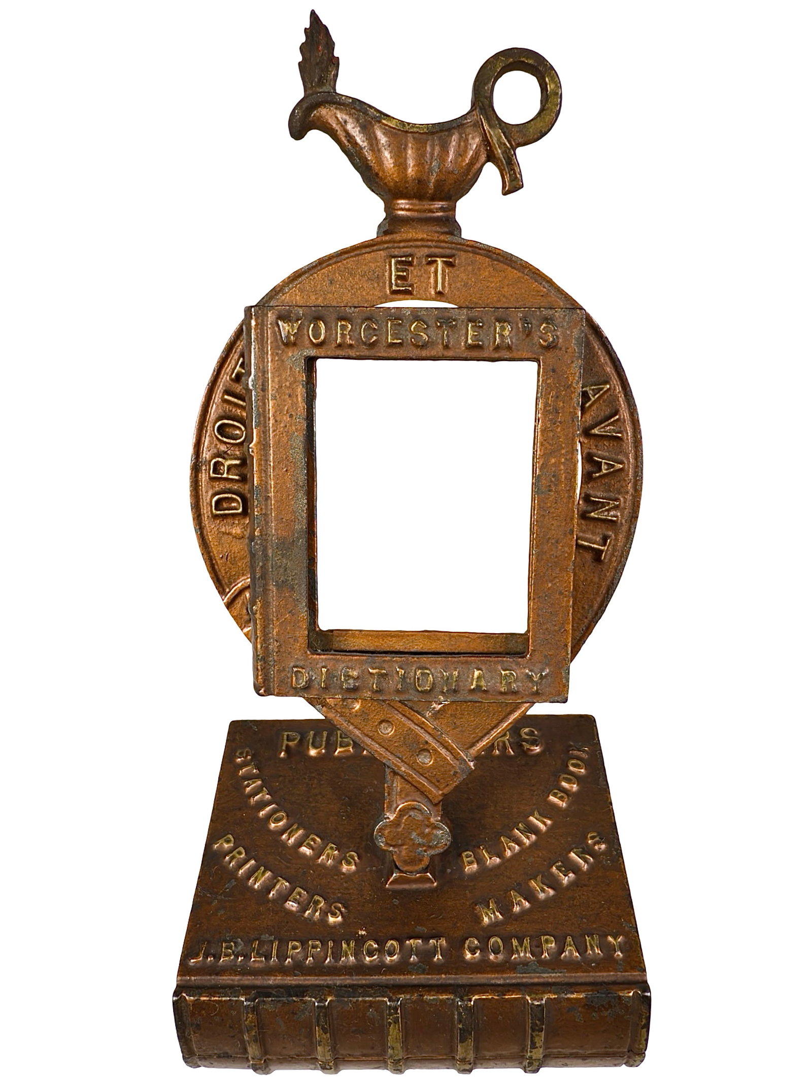 J. B. Lippincott Company Publishers Advertising Paperweight - Cast Iron: American - Circa 1910's. 8" Tall x 4" Wide. The Peirce Collection.