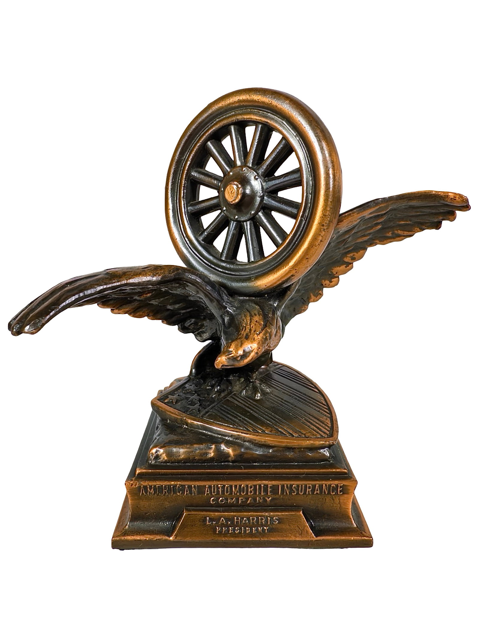 American Automobile Insurance Company Advertising Paperweight - Lead: American - Circa 1950's. 4 1/2" Tall x 4 1/4" Wide. The Peirce Collection.