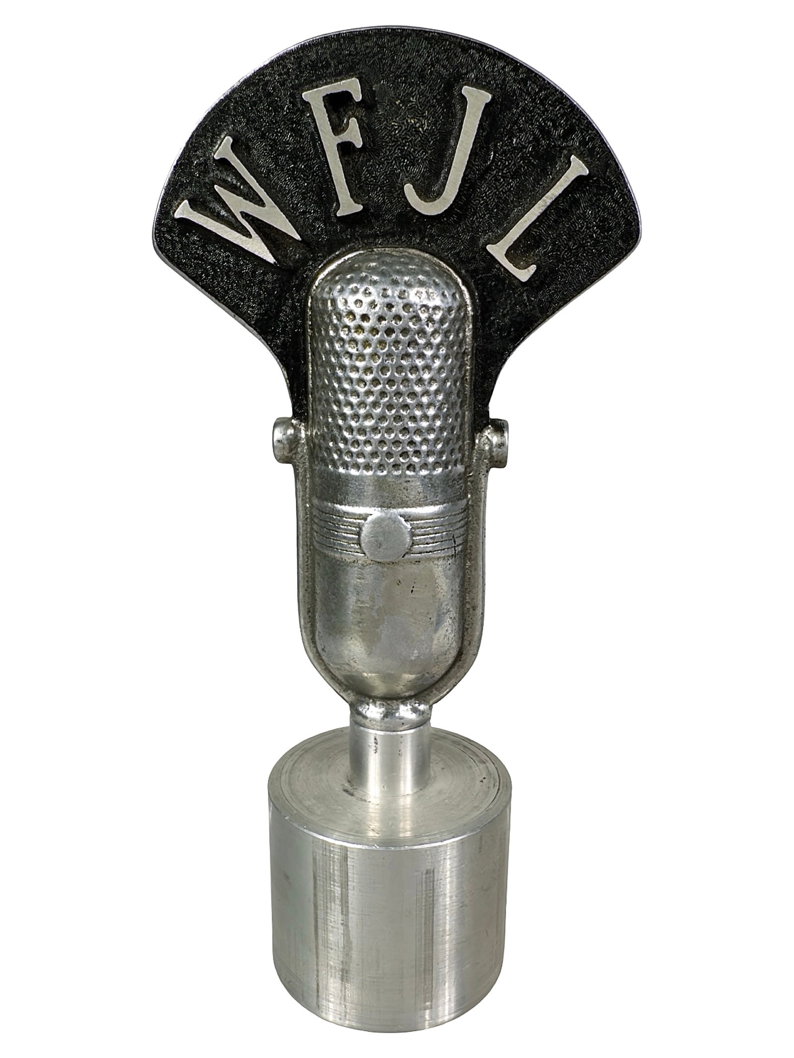 WFJL Radio Station - Advertising Paperweight - Aluminum: Chicago, IL - Circa 1950's. 6 5/8" Tall x 3" Wide. The Peirce Collection.