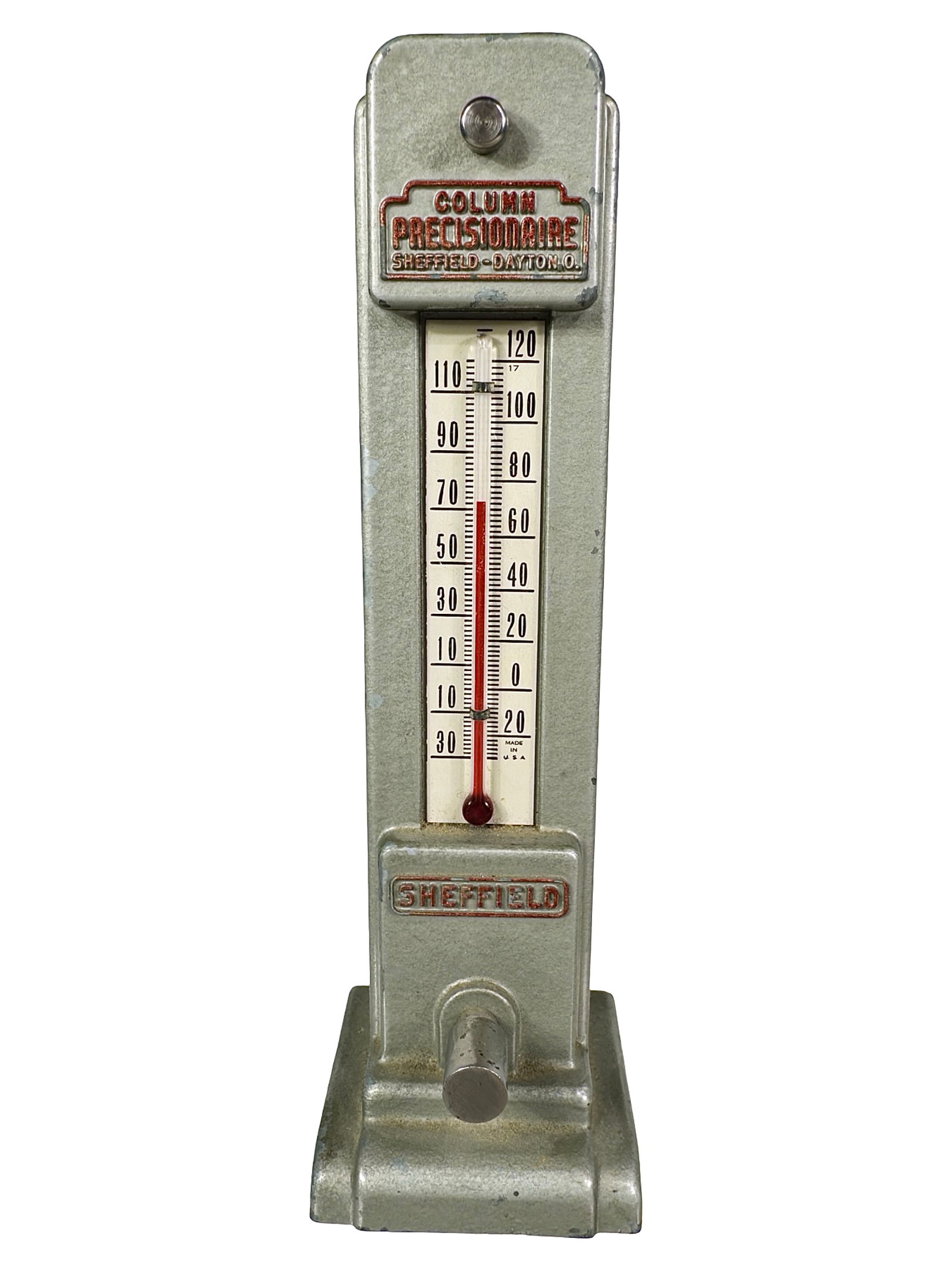 Sheffield Precisionaire - Paperweight & Thermometer - Lead & Tin: American - Circa 1940's. 6 3/4" Tall x 2" Wide. The Peirce Collection.