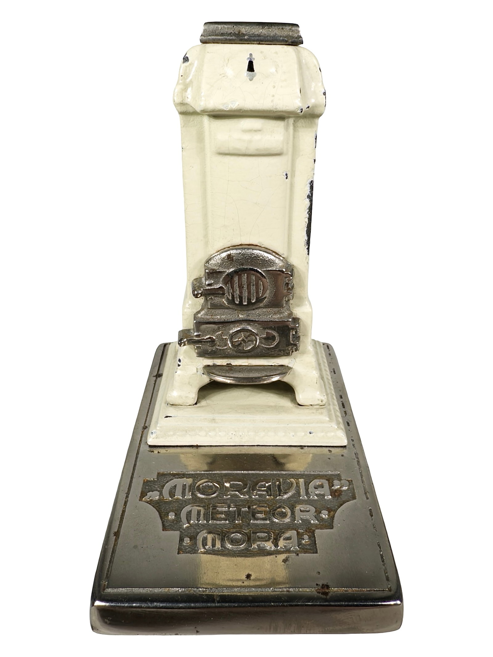 Moravia, Meteor & Mora Stove - Advertising Paperweight - Cast Iron: American - Circa 1920's. 4 3/4" Tall x 4 3/4" Deep. The Peirce Collection.