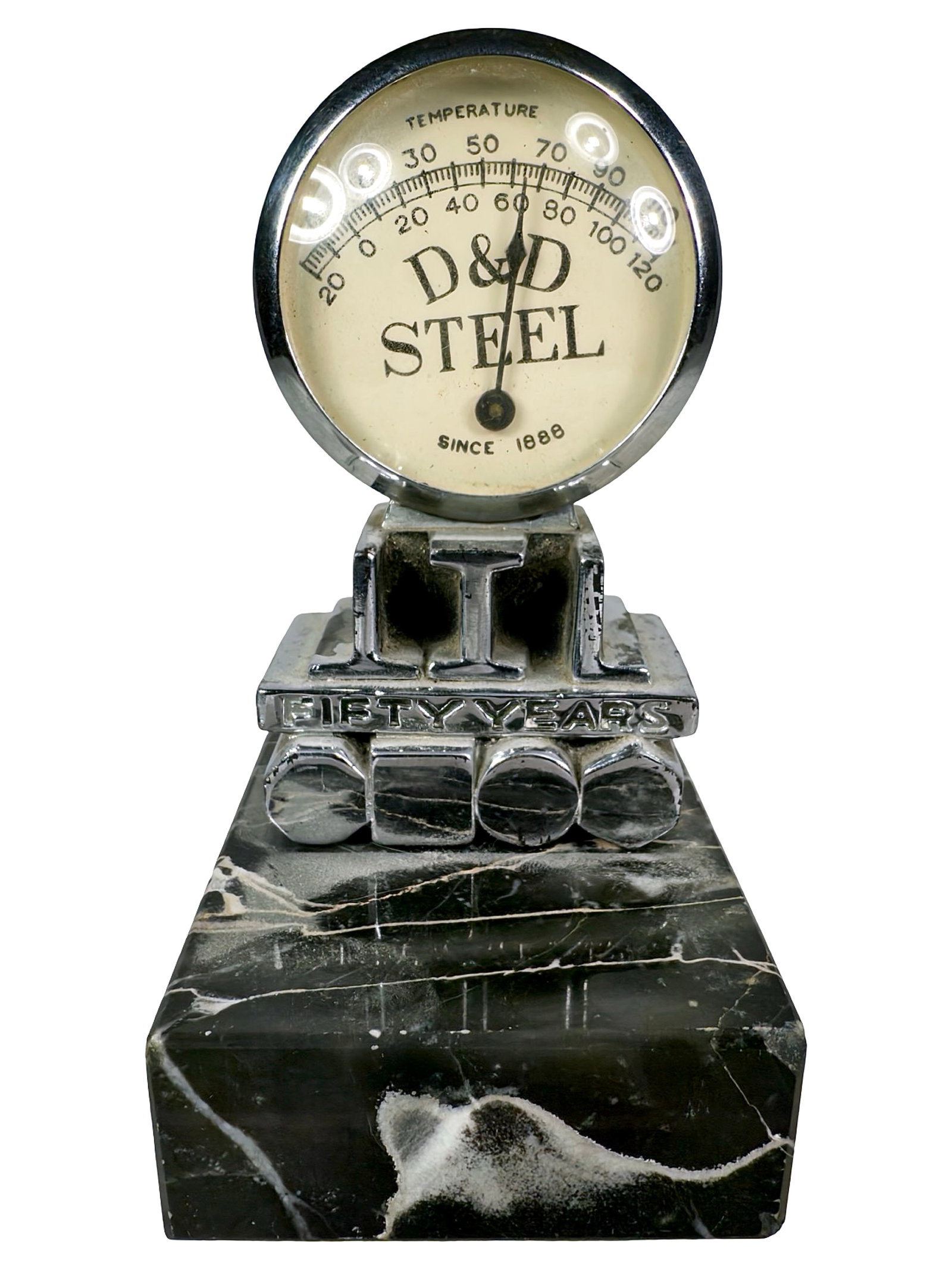 D&D Steel Advertising Paperweight & Thermometer: Lead, Glass & Marble Base. American - Dated 1938. 4 5/8" Tall x 2 1/2" Wide. The Peirce Collection.