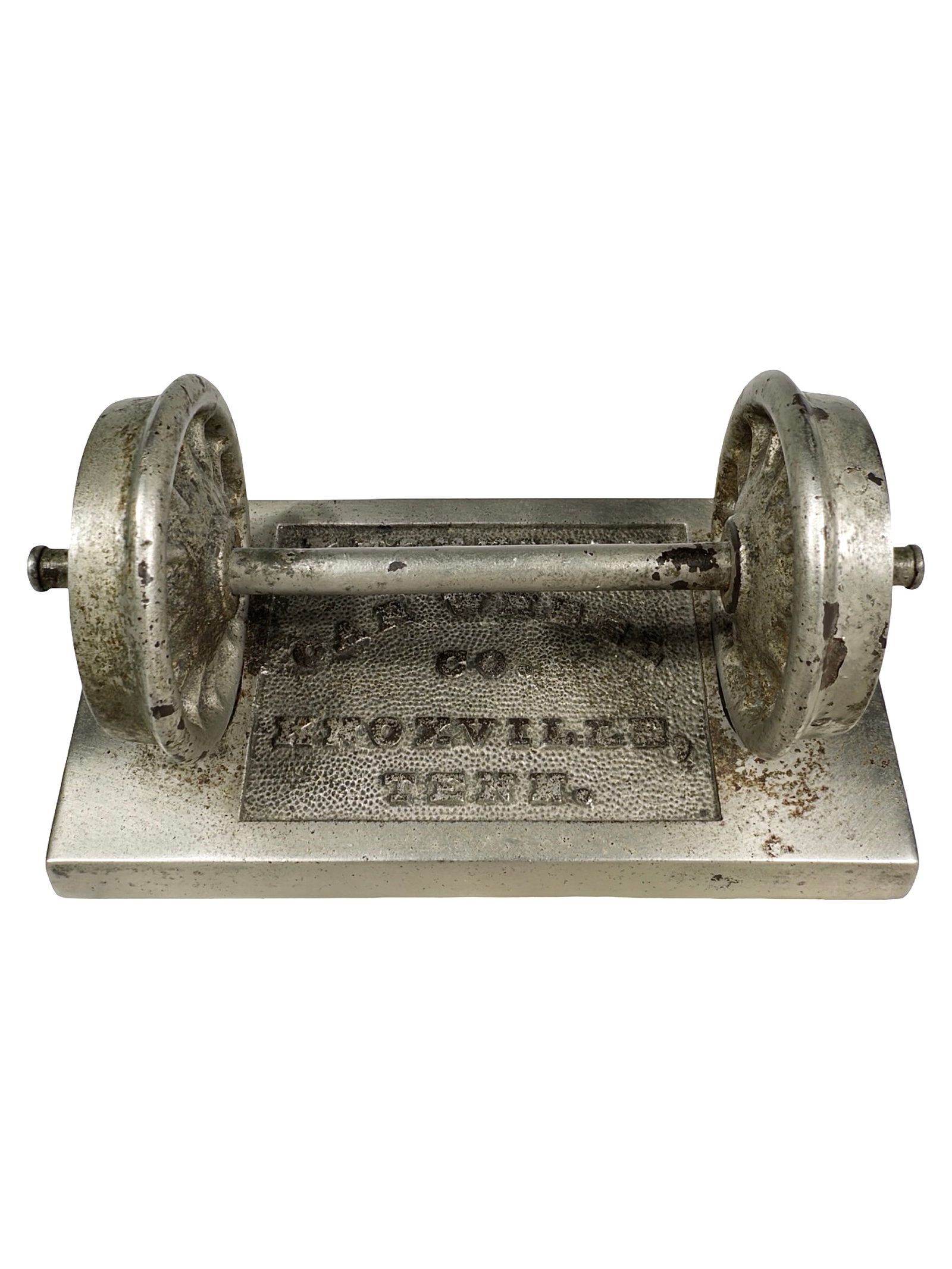 Knoxville Car Wheel Co. - Advertising Paperweight: Made by Williamson Art Metal Works. Louisville, KY - Circa 1910's. 2 1/2" Tall x 4 3/4" Wide. The Peirce Collection.