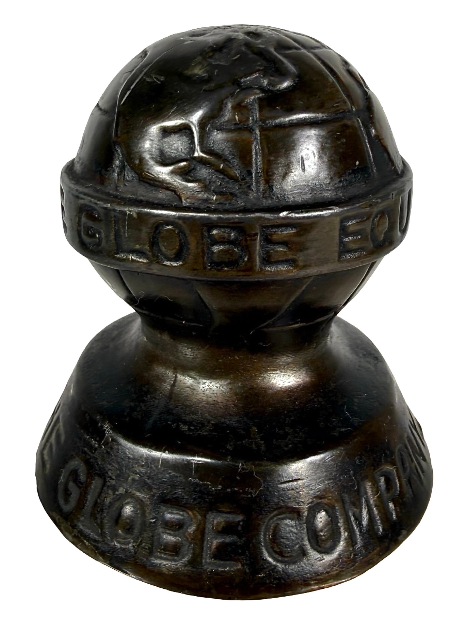 The Globe Company - Advertising Paperweight - Lead: Chicago, IL - Circa 1930's. 2 1/2" Tall x 2 1/4" Circular. The Peirce Collection.