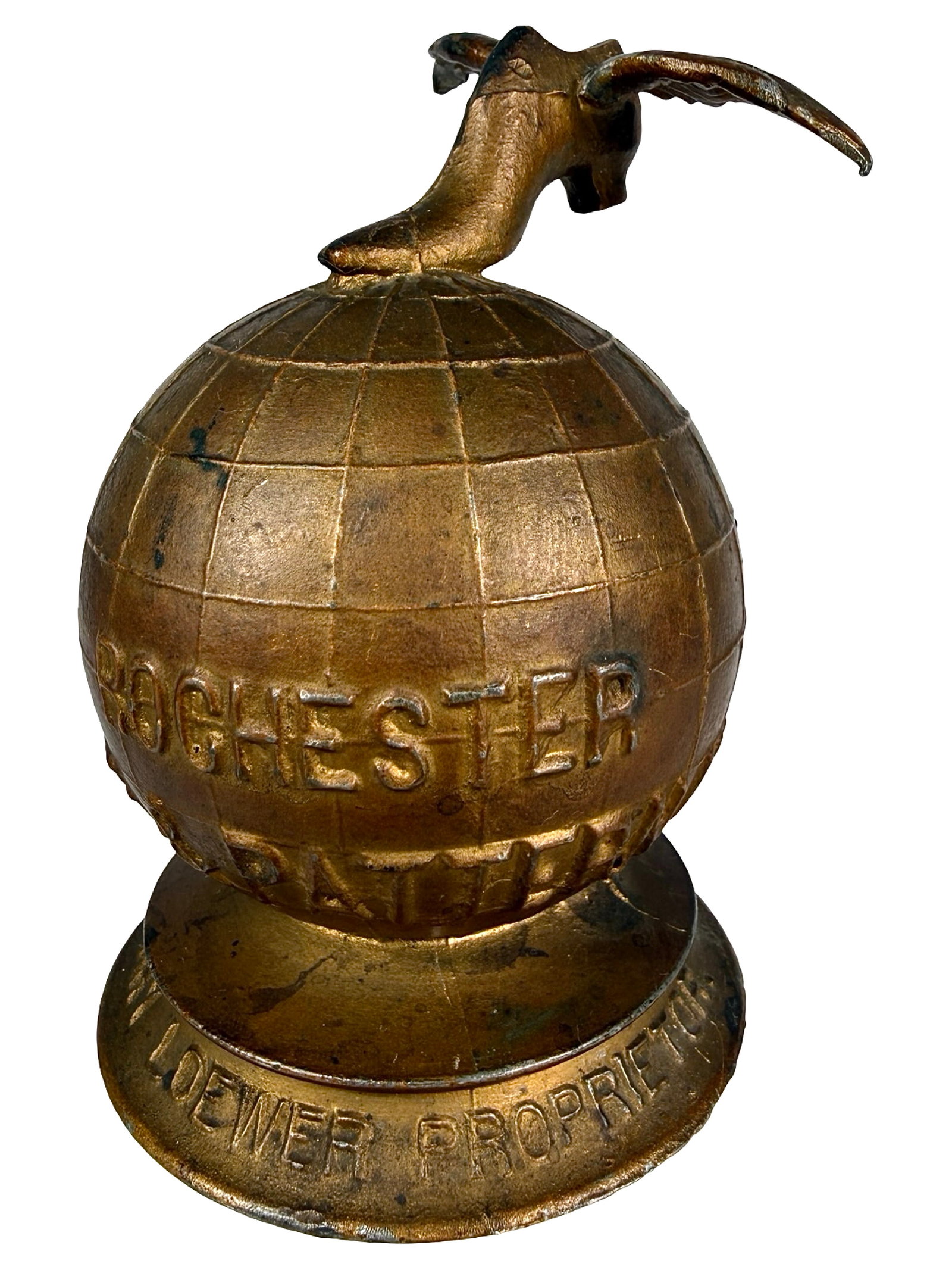 Rochester Last, Die & Pattern Works - Advertising Paperweight: Made of Lead. American - Circa 1920's. 4 5/8" Tall x 3" Circular. The Peirce Collection.
