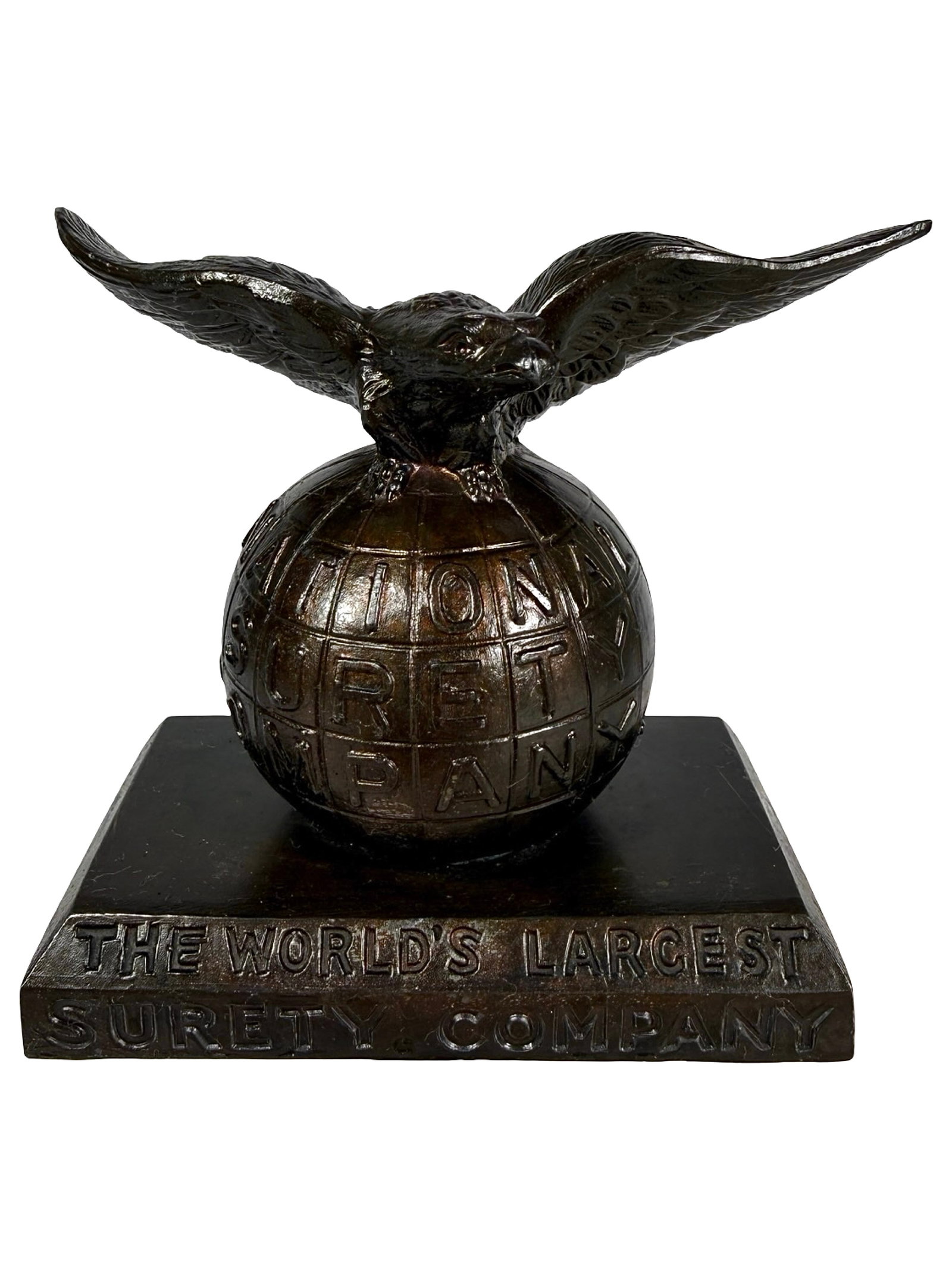 National Surety Company - Advertising Paperweight - Lead: American - Circa 1930's. 3 5/8" Tall x 4" Wide. The Peirce Collection.
