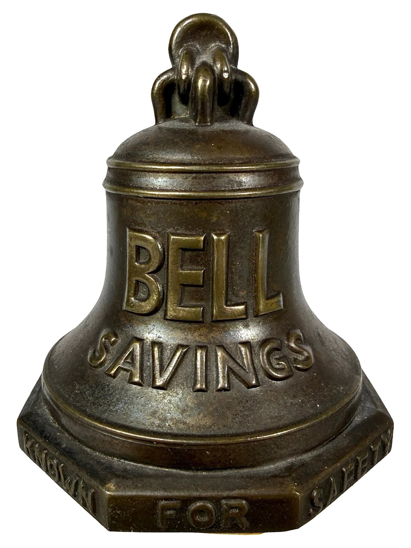 Bell Savings - Advertising Paperweight - Lead: American - Circa 1930's. 2 3/4" Tall x 3" Wide. The Peirce Collection.