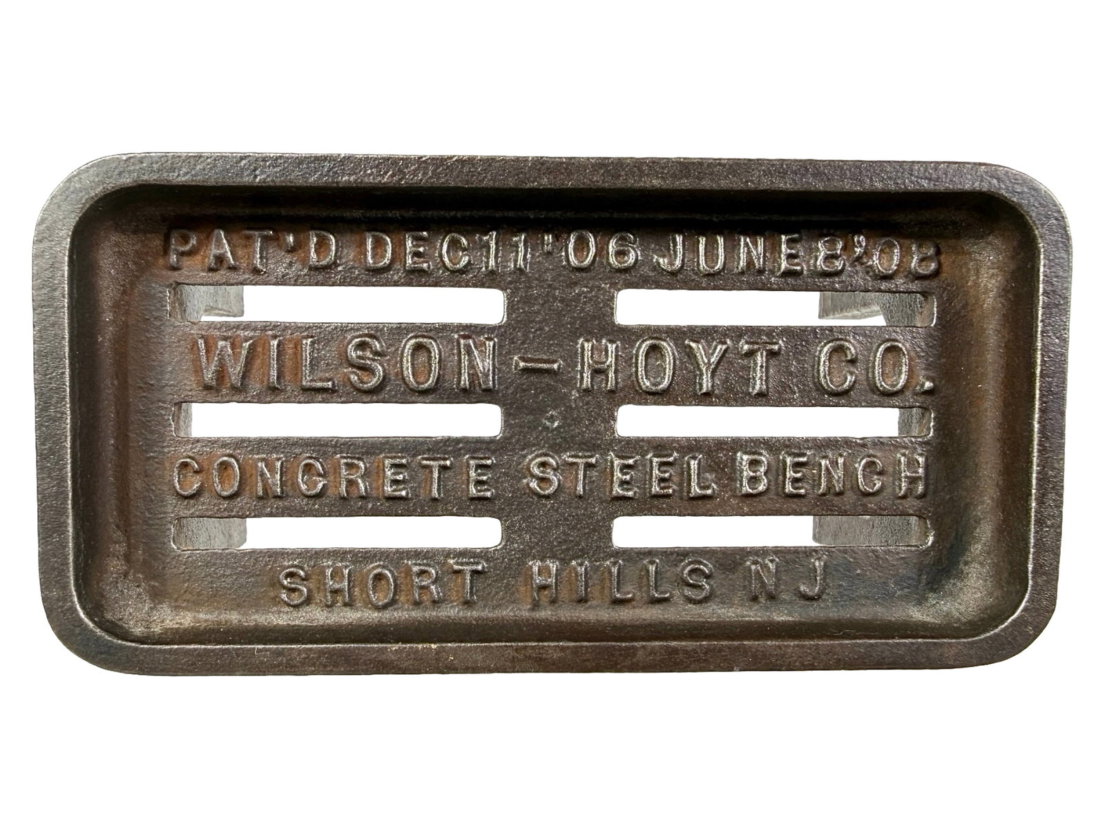 Wilson - Hoyt Co. - Concrete Steel Bench - Advertising Paperweight: Made of Cast Iron. Short Hills, NJ - Dated 1908. 2" Tall x 4" Wide. The Peirce Collection.