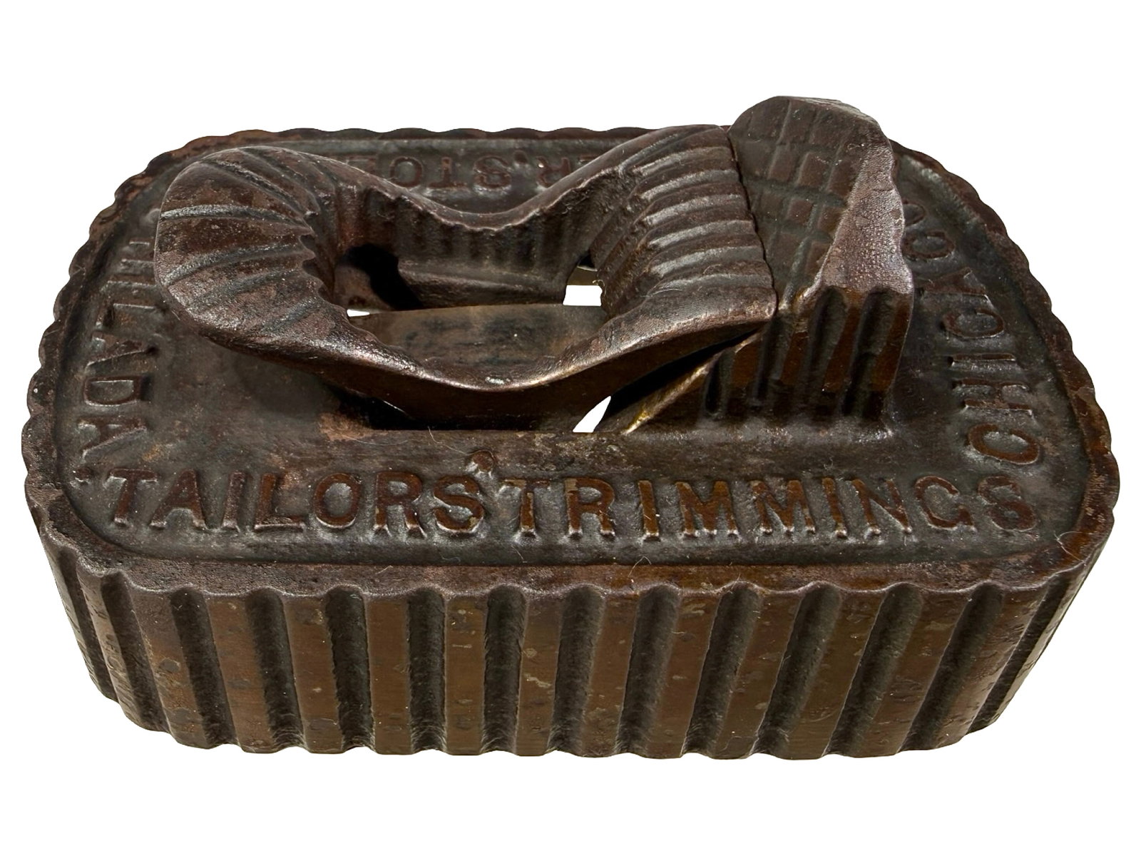 Alburger Stoer & Co. - Tailors & Trimmings - Advertising Paperweight: Made of Cast Iron. Philadelphia/Chicago - Circa 1910's. 1 5/8" Tall x 4" Long. The Peirce Collection.