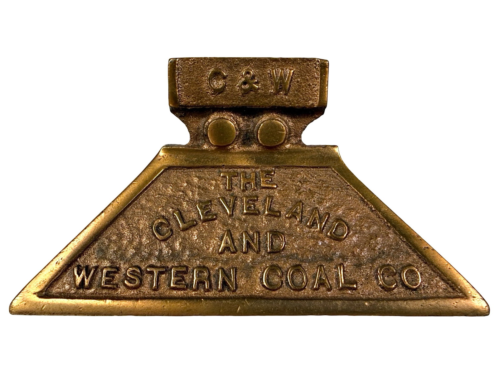 The Cleveland & Western Coal Co. - Advertising Paperweight - Brass: Cleveland, Oh. - Circa 1930's. 1 3/4" Tall x 3 1/4" Wide. The Peirce Collection.