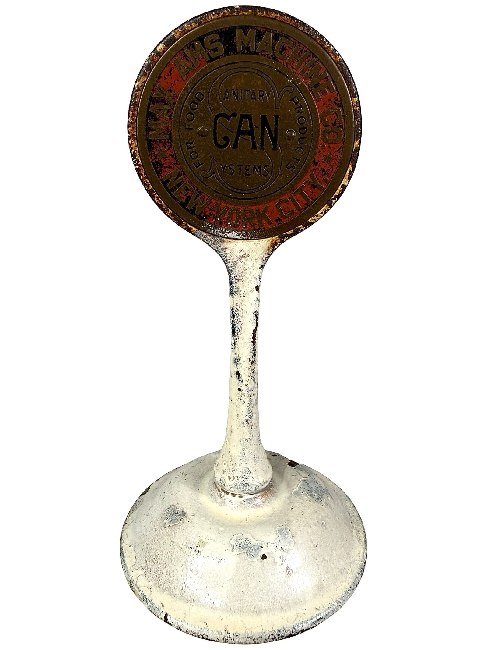 Max AMS Machine Co. Sanitary Can Systems - Advertising Paperweight: Made of Cast Iron. New York City - Circa 1930's. 5 5/8" Tall x 2 3/4" Circular. The Peirce Collection.