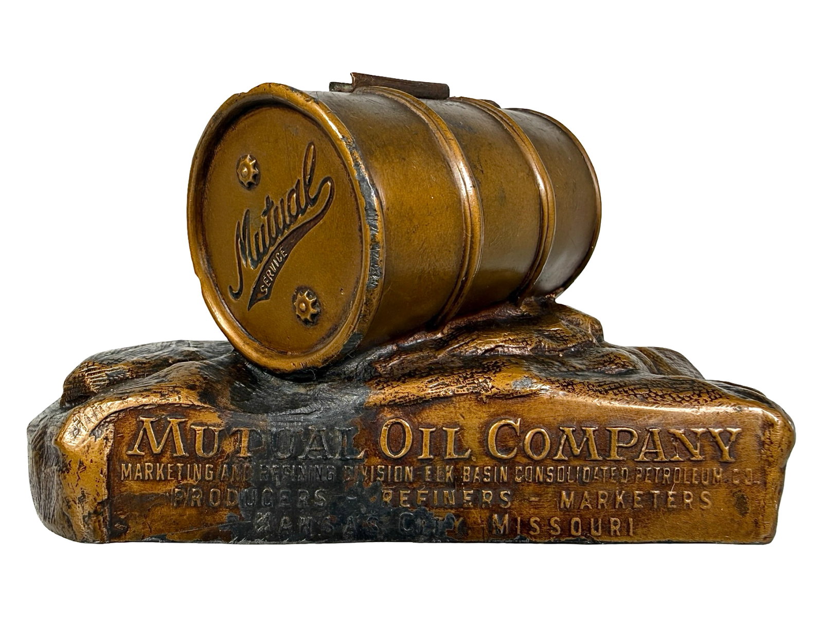 Mutual Oil Company - Advertising Paperweight - Lead: Kansas City, Mi. - Circa 1930's. 3 1/4" Tall x 5 1/4" Wide. The Peirce Collection.