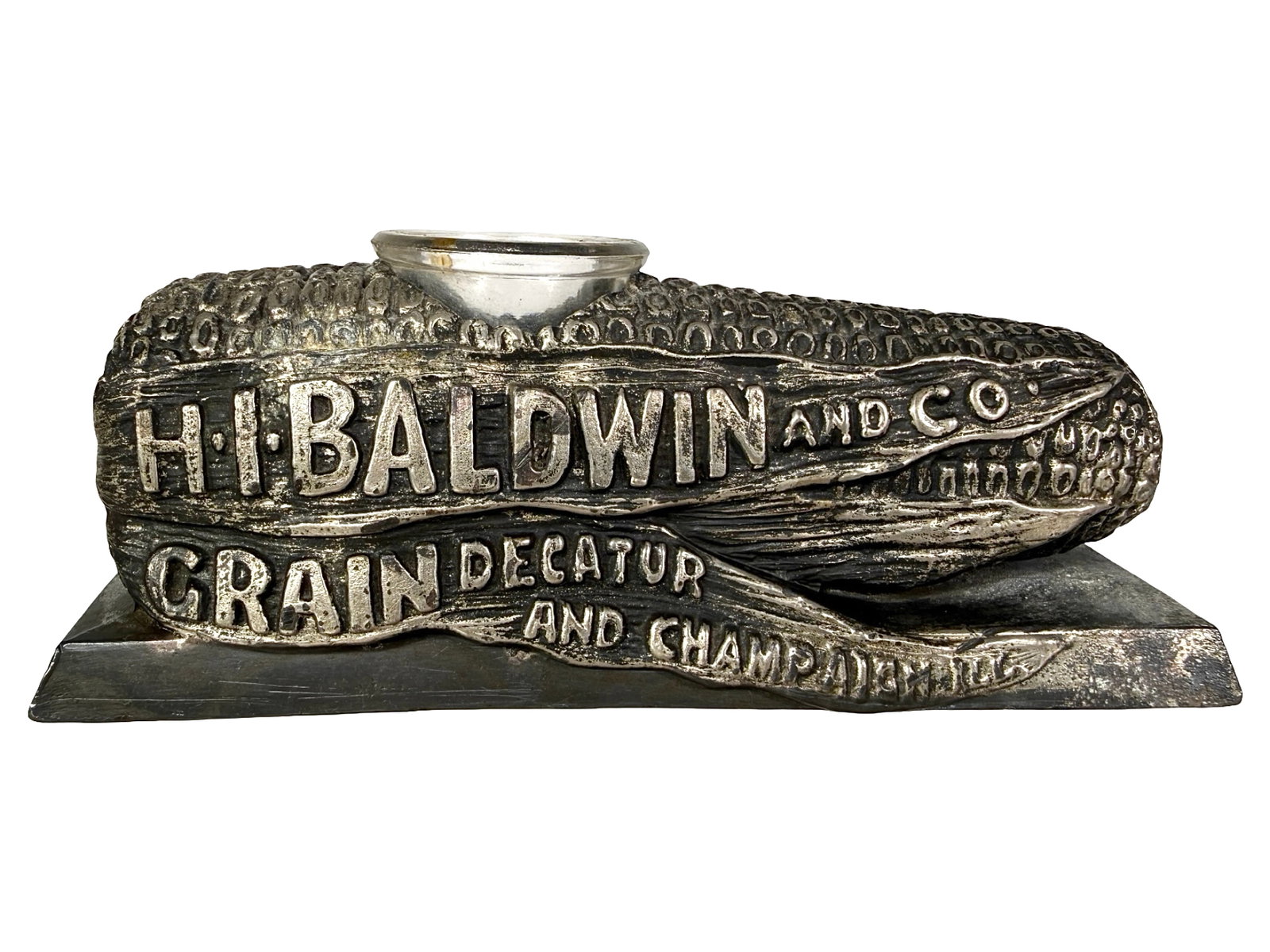 H. I. Baldwin & Co. - Grains - Advertising Paperweight & Inkwell: Made of Lead & Glass. Decatur, IL - Circa 1920's. 2 1/4" Tall x 5 3/4" Long. The Peirce Collection.