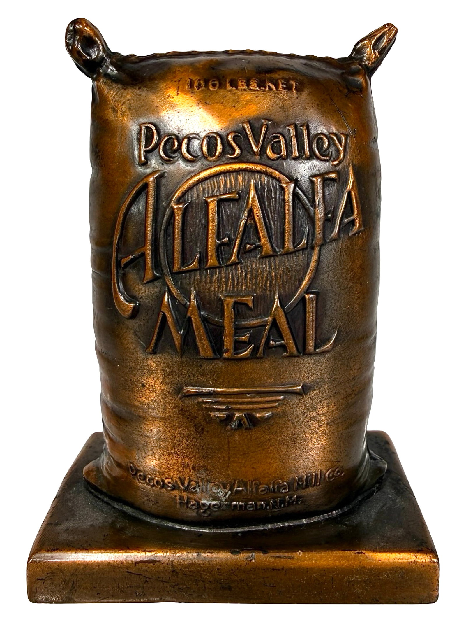 Pecos Valley Alfalfa Meal - Advertising Paperweight: Made of Coppered Lead. American - Circa 1940's. 3 1/4" Tall x 2 1/4" Wide. The Peirce Collection.