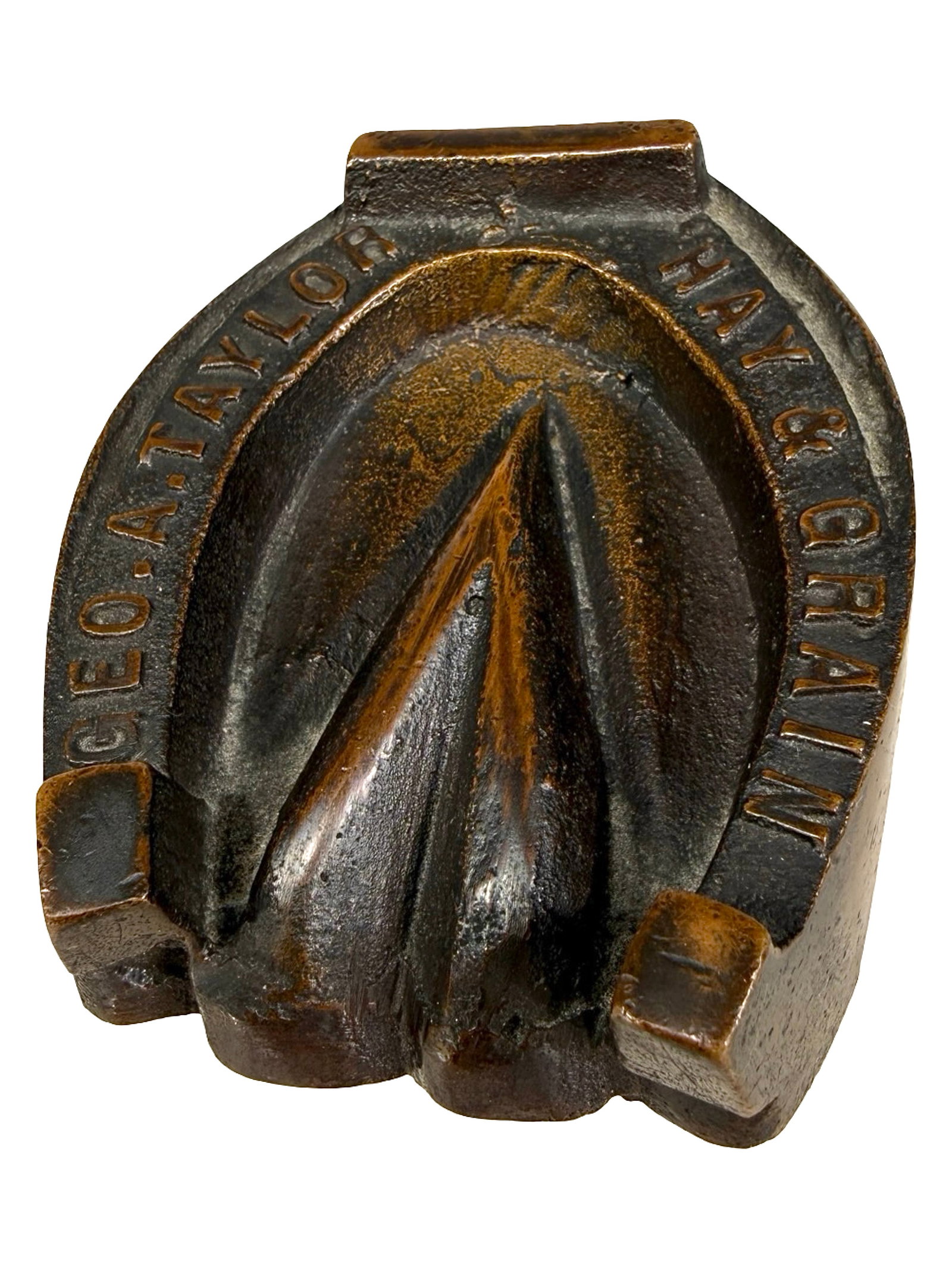 Geo. A. Taylor Hay & Grain - Advertising Paperweight - Brass: American - Circa 1930's. 3 1/8" Tall x 2" Wide. The Peirce Collection.